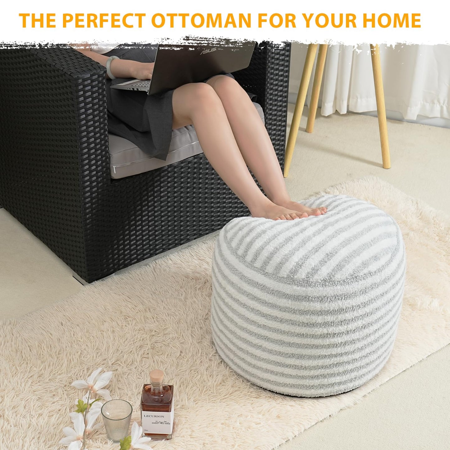 Homlazeezy Round Pouf Ottoman Stuffed Foot Stool Floor Chair Poufs for Living Room Bedroom, Faux Fur Poufs with Foam Chunk Filling, Storage Ottoman Pouf 20 X 15 Inch Boho for Couch, Gray & White