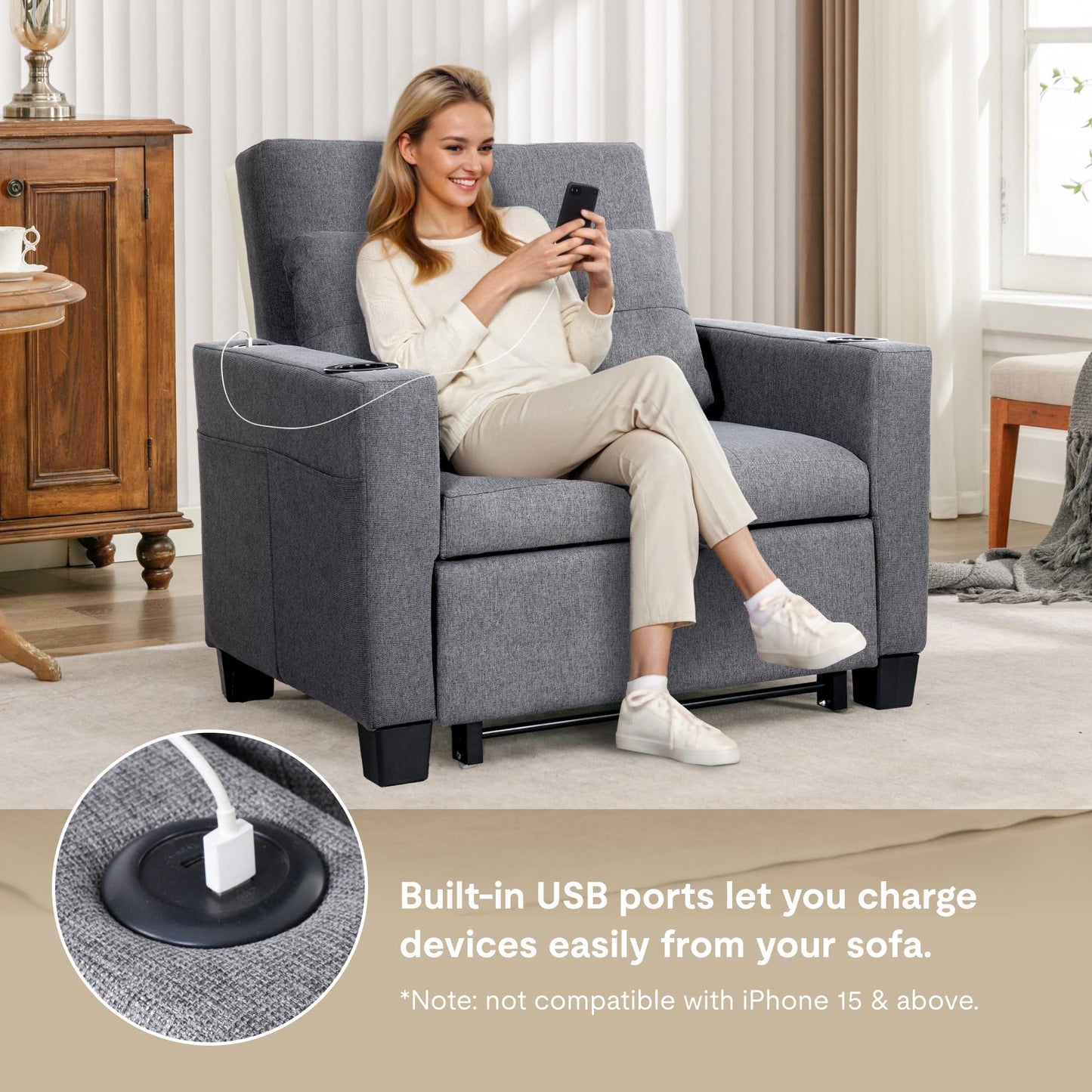 FLEXISPOT Sleeper Chair Bed with USB Ports & Cup Holders, 3-in-1 Convertible Sofa Bed for Living Room, Pull-Out Recliner Chair with Pillows, Adjustable Backrest, Small Space Furniture (Gray)