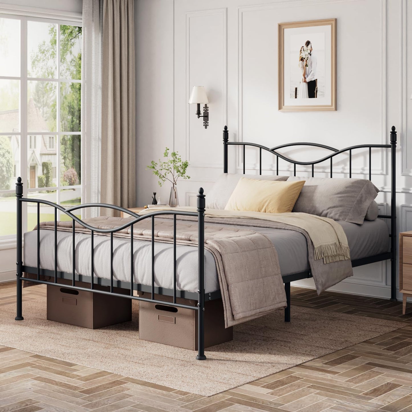 Florise Queen Size Bed Frame with Headboard,14 Inch Tall Metal Platform Bed Frame Mattress Foundation with Footboard, Under Bed Storage, Strong Metal Slats Support, No Box Spring Needed, Black