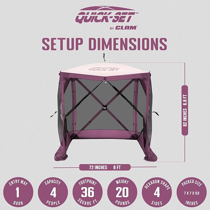 CLAM Pop Up Screen Tent, Outdoor Camping Gazebo Canopy, Traveler, 6' x 6', Plum