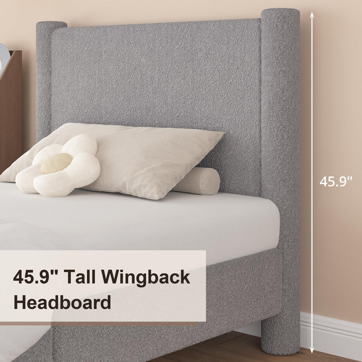 REVOMINCA Twin Size Bed Frame, Boucle Upholstered Platform Bed with Headboard and Footboard, Soft Rounded Corners, No Box Spring Required, Easy Assembly, Light Grey