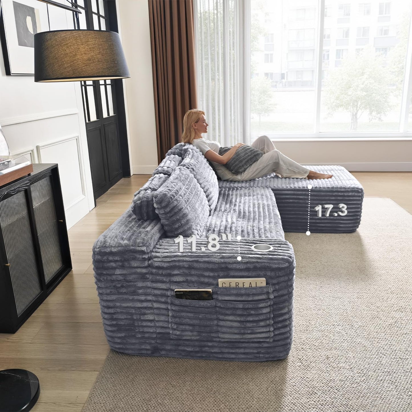 Cloud Sectional Couch with L-Shape Chaise, Modern Modular Sofa with Deep Seat, Built-in Cup Holder & Storage Pocket for Living Room Bedroom, No Assembly Required (Light Gray, Right Facing Chaise)