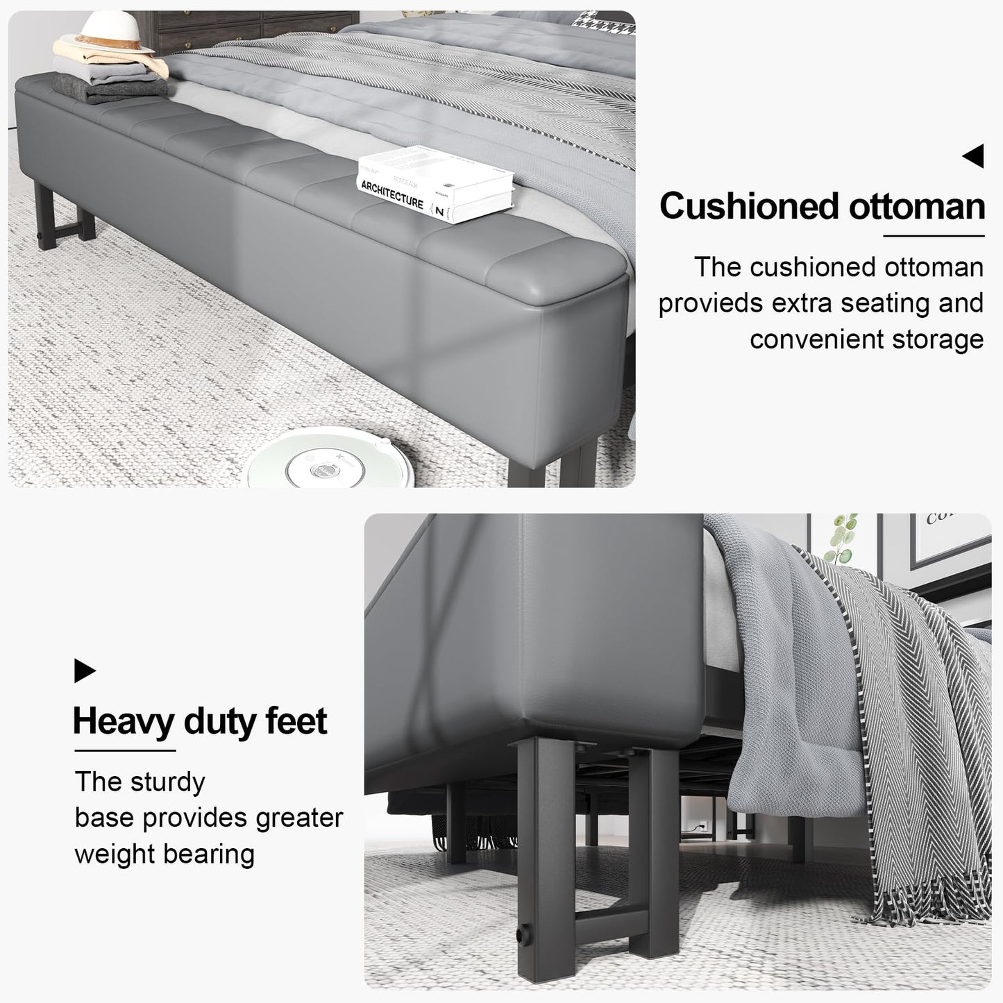 LoVinson Full Size Bed Frame with Headboard & Star Projector, Metal Upholstered Bed Frame with Charging Station, Heavy Duty Bedframe with Storage Ottoman, Noise-Free, No Box Spring Needed, Grey