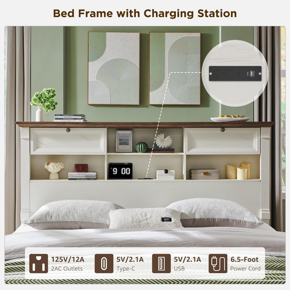 Farmhouse King Size Bed Frame with 54" Tall Headboard, Wood Platform Bed Frame with 18" Tall Roman Column Decoration Footboard & 2 Large Storage Drawers, No Box Spring Needed(Antique White)
