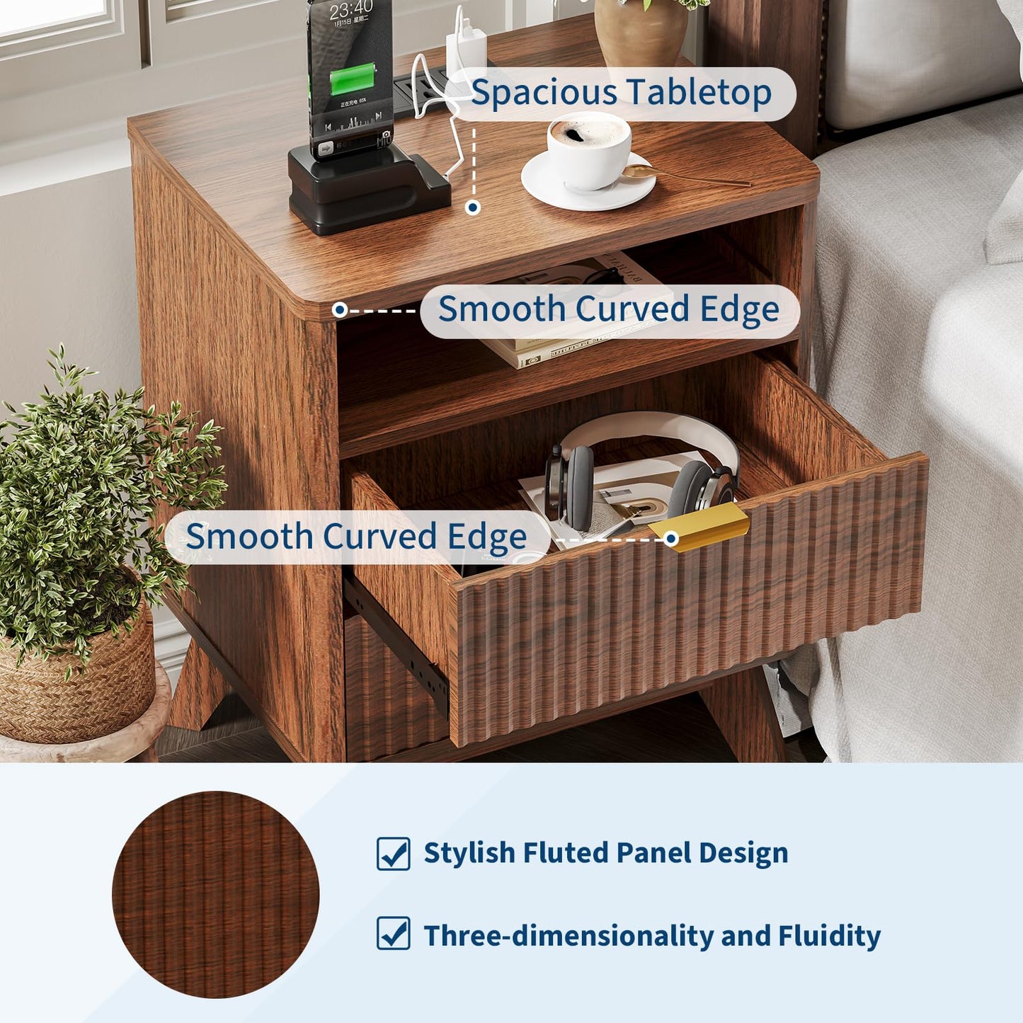 Fluted Nightstand Set of 2, Wood Night Stands with USB Ports and Outlets, 2 Drawers and Open Shelf Bedside Tables, End Table with Solid Wood Feet for Living Room Bedroom Office,Walnut Wood Color