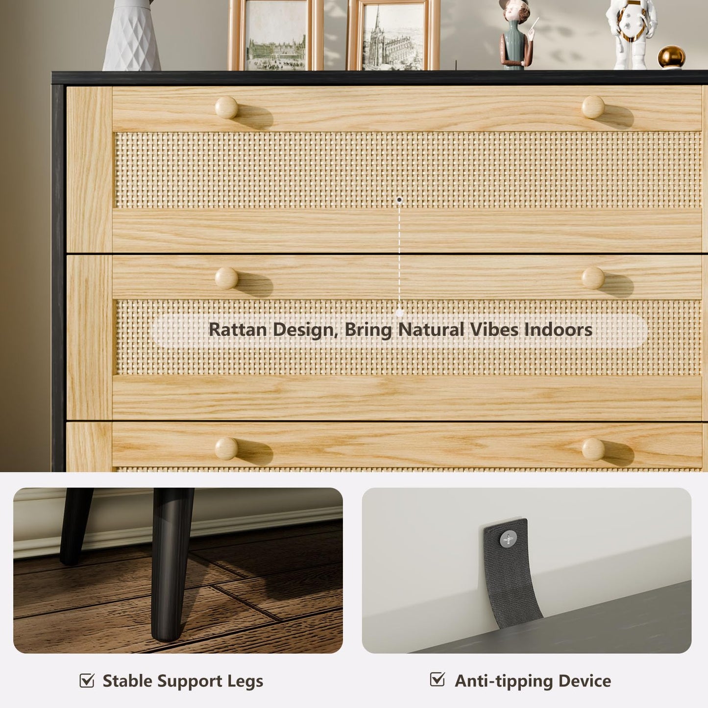 FURNIinspire 3 Drawer Dresser for Bedroom, Boho Dresser Chest with Handles for Bedroom Hallway Living Room
