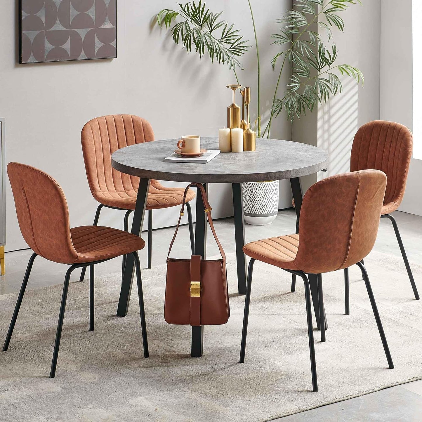 Pandolfini Round Dining Table Set for 4, Modern 37 Inch Dining Table and Chairs, Grey Engineered Wood Kitchen Table with PU Leather Dining Chairs for Dining Room, Living Room, Brown