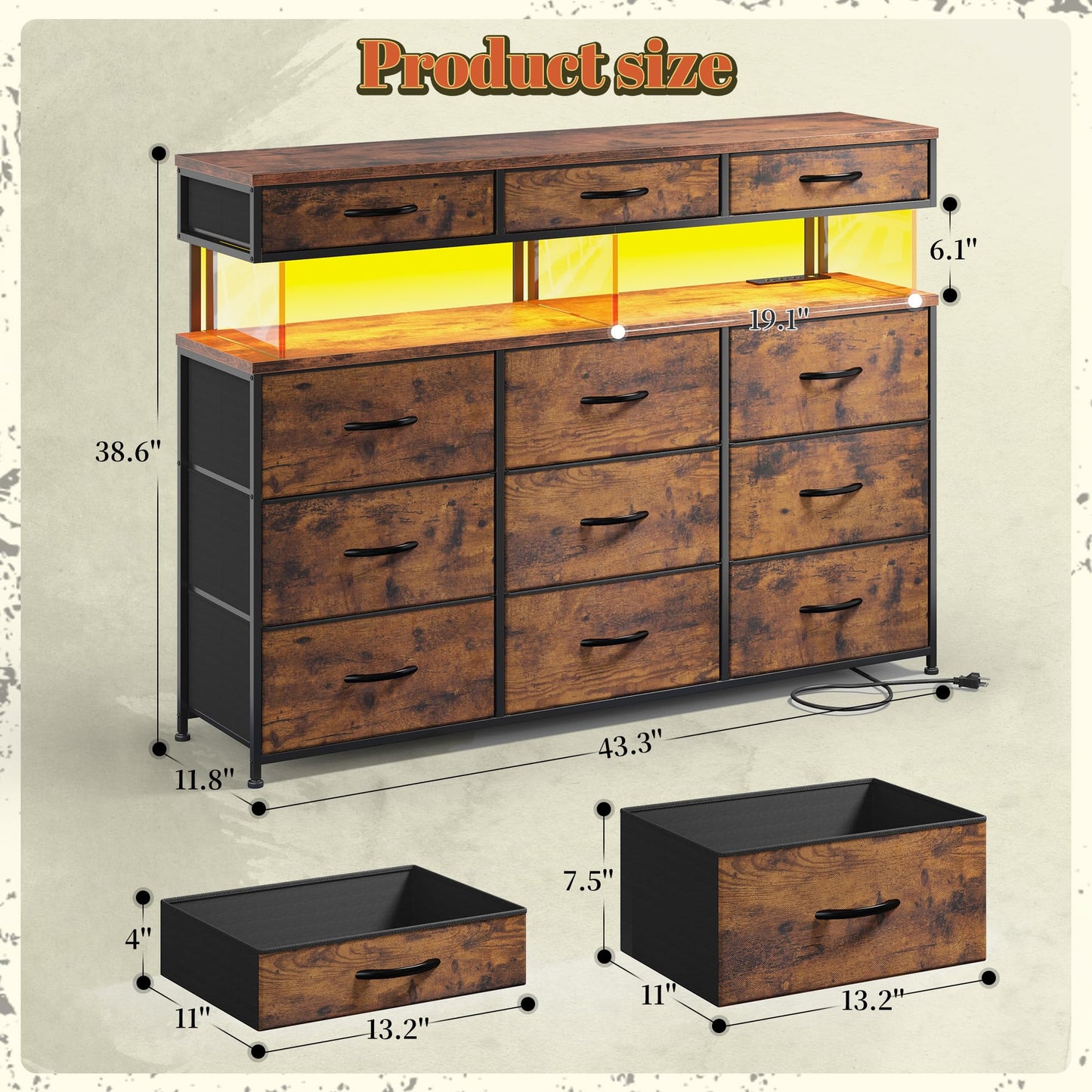 Dresser for Bedroom with 12 Drawers, Dresser with LED & Charging Station, 38.6''H Dressers & Chests of Drawers with with 10mm Sturdy Acrylic Sheet, for Bedroom, Closet, Entryway, Rustic Brown
