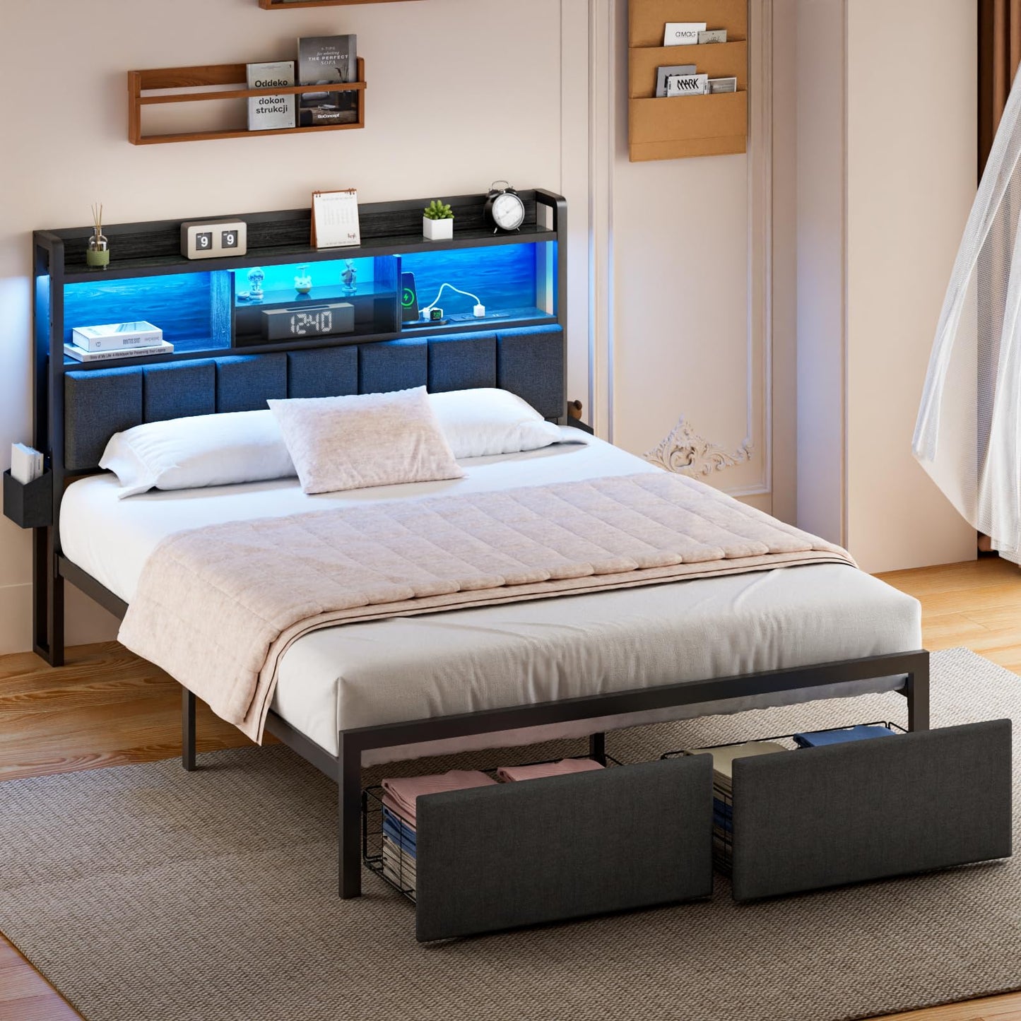 Furnulem Queen Bed Frame with Storage Drawers, Upholstered Headboard with Storage Shelf, LED Lights and Charging Station, Metal Platform Bed Frame Queen Size, Noise Free, No Box Spring Needed, Black
