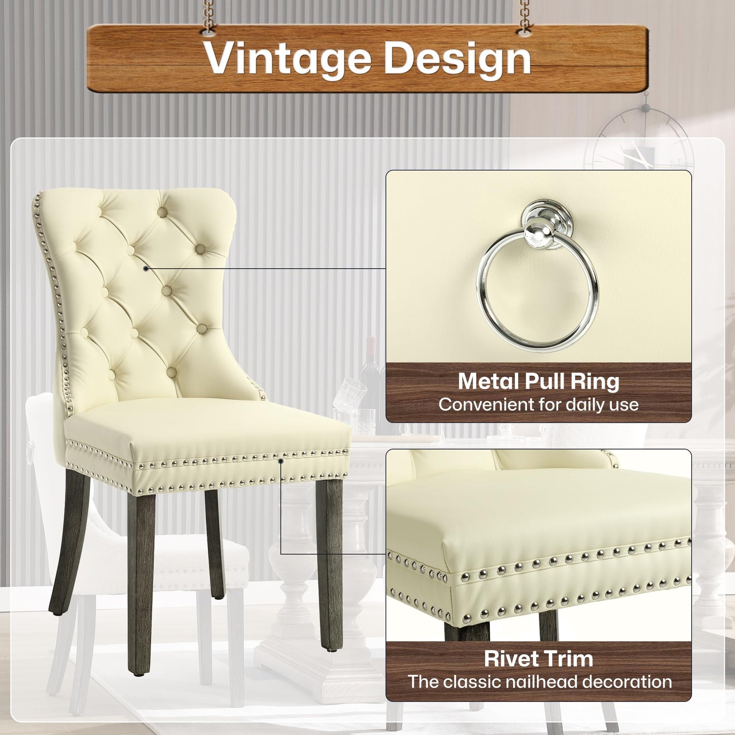 GOOLON PU Leather Dining Chairs Set of 2, Upholstered Button Tufted Dining Room Chairs with Rivet Trim Metal Pull Ring Wood Legs for Kitchen, Restaurant, Beige