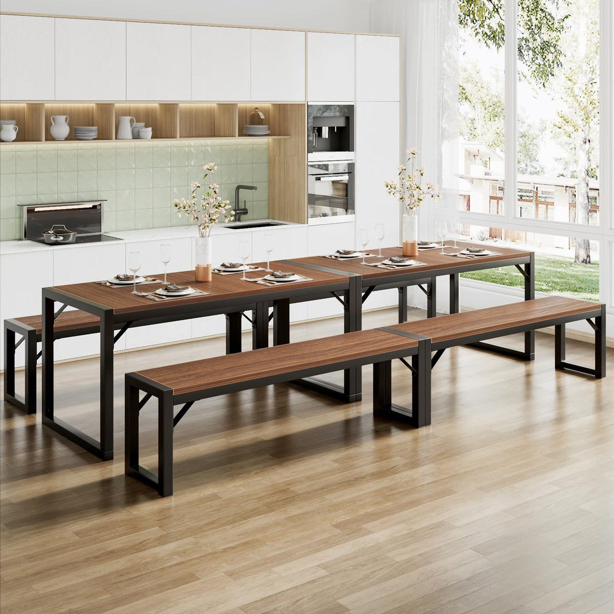 SHA CERLIN Kitchen Dining Table Set for 4 with Benches, Rustic Small Space Saving Dinette, Heavy Duty Metal Frame