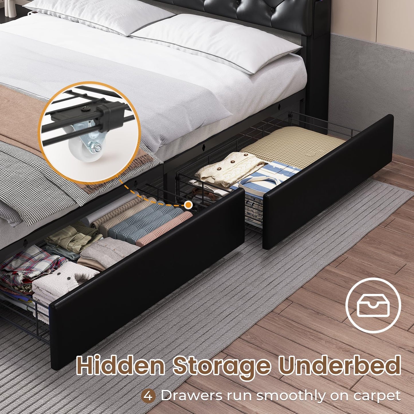 Queen Bed Frame with 3-Tier Headboard & Hidden Storage, Upholstered LED Bed Frame with 4 Drawers and Charging Station,Platform Metal Bed Frame with Storage, No Box Spring Needed, PU Black