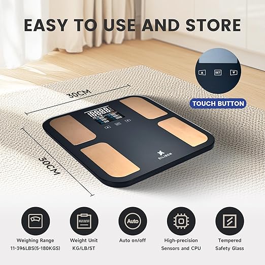EILISON Digital Bathroom Scale with 4 Electrodes & BIA Technology High-Precision Smart Body Fat Analyzer,Large Color Night Vision Touchscreen,Bluetooth App Sync for 19 Metrics,396LBS Capacity (Black)