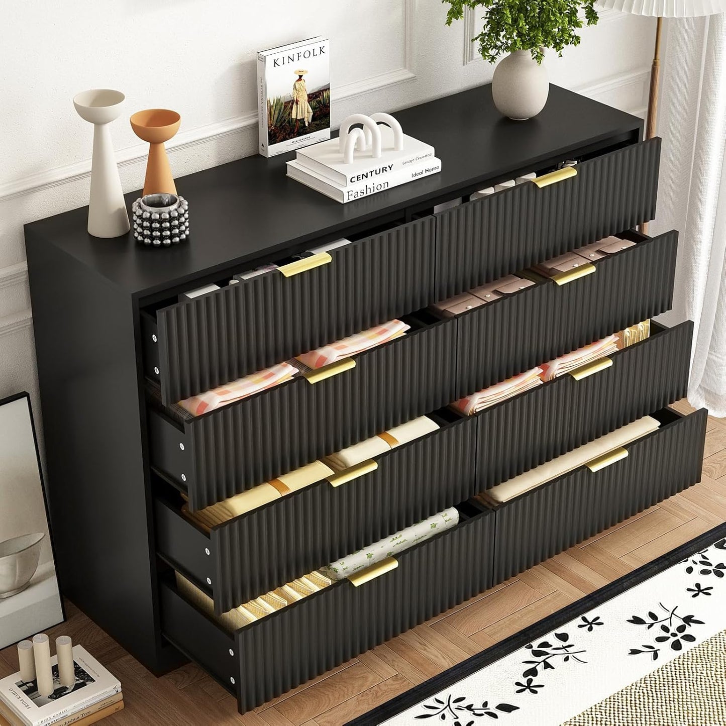 Sscaktu 8 Drawer Dresser for Bedroom, Modern Fluted Double Dresser, 55" Wide Chest of Dressers, Wooden Beside Table for Closet, Living Room and Entryway, Black