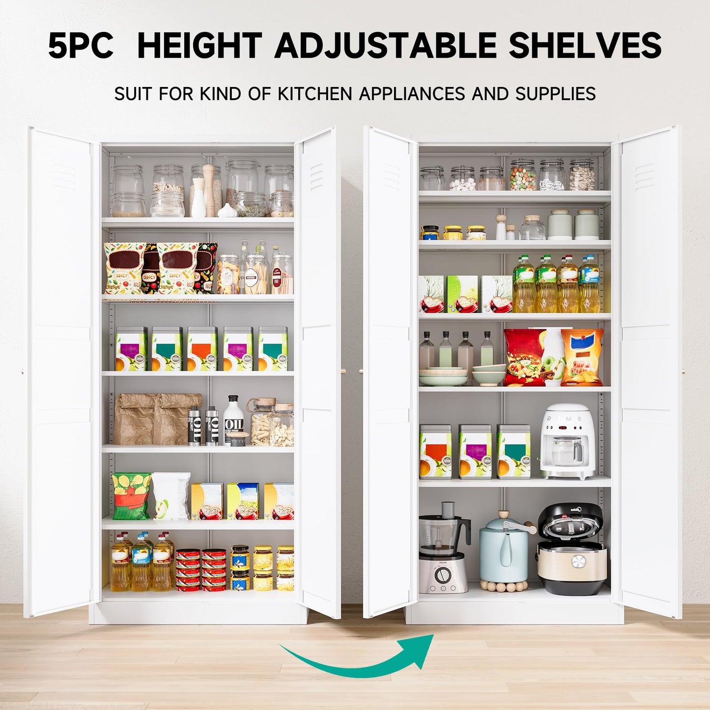 SISESOL White Metal Storage Cabinet,71" Tall Pantry Cabinet,Kitchen Pantry Storage Cabinets with 2 Doors and 6 Shelves,Wide Deep Food Cupboard for Home,Kitchen,Dining/Living Room
