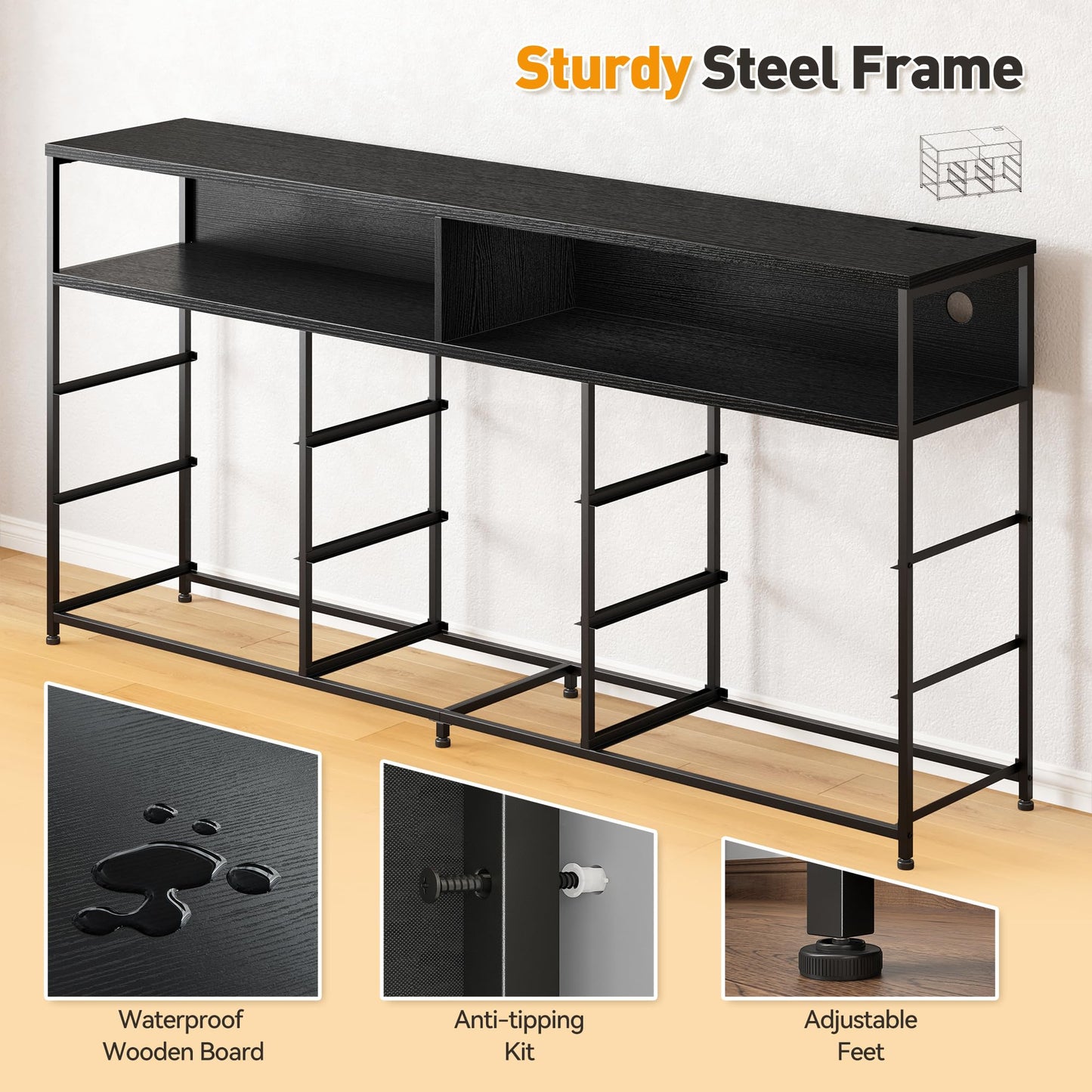 EnHomee 55” W Black Dresser for Bedroom with Charging Station & LED, 65" TV Stand for Bedroom with 9 Fabric Drawers, Sturdy Chest of Drawers with Open Storage Shelves for Closet, Living Room