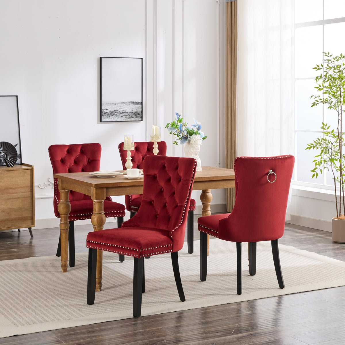 LKTART Dining Chairs Set of 6 Velvet Upholstered Tufted Back with Nailhead Trim and Back Ring Pull Solid Wood Legs for Kitchen Bedroom Dining Room Burgundy Red