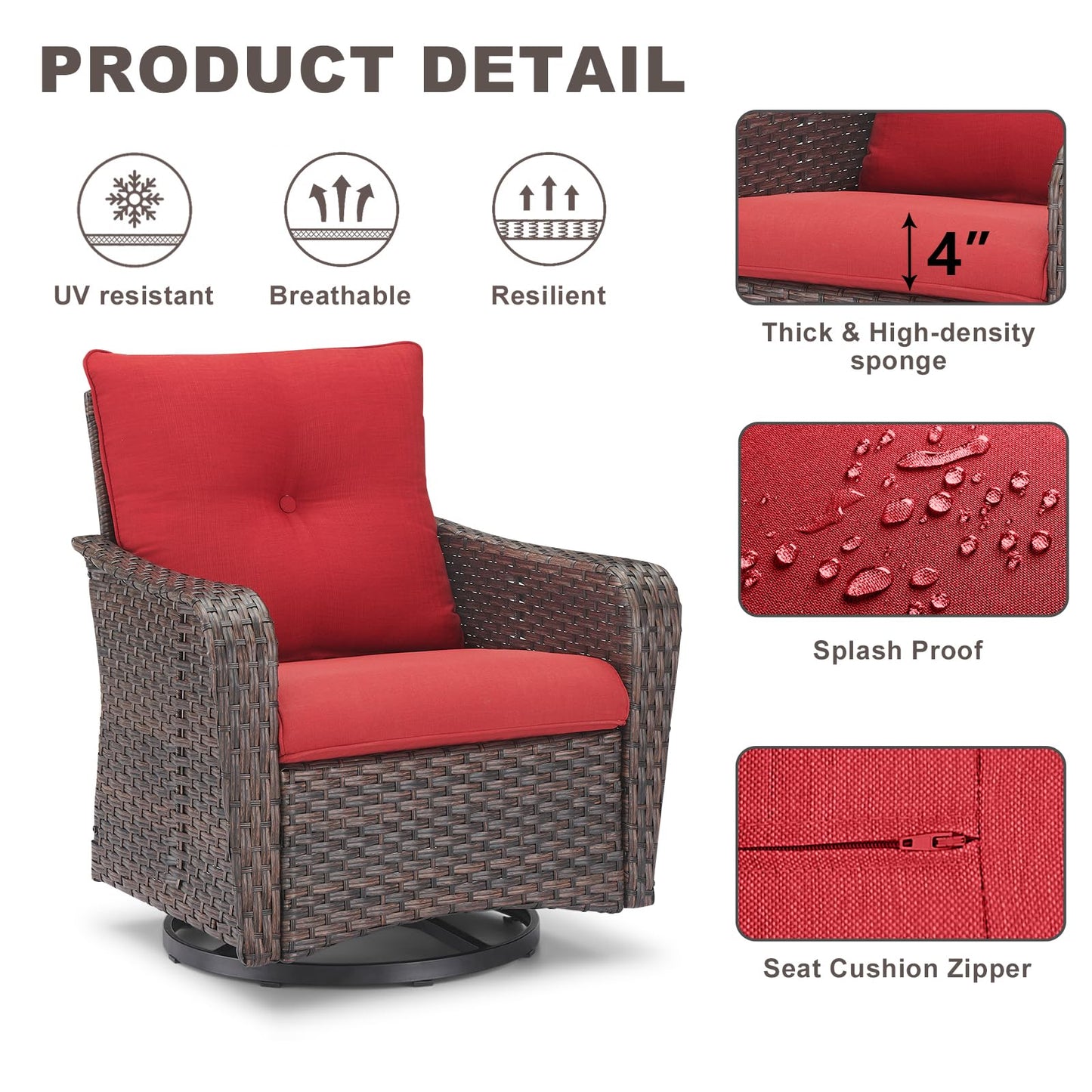 Rilyson Outdoor Patio Swivel Rocker Chairs - 2 PC Wicker Rattan Patio Rocker Glider Chair Set with High Back,Comfy Cushions and Deep Seating for Porch Deck Backyard Garden(Brown/Red)