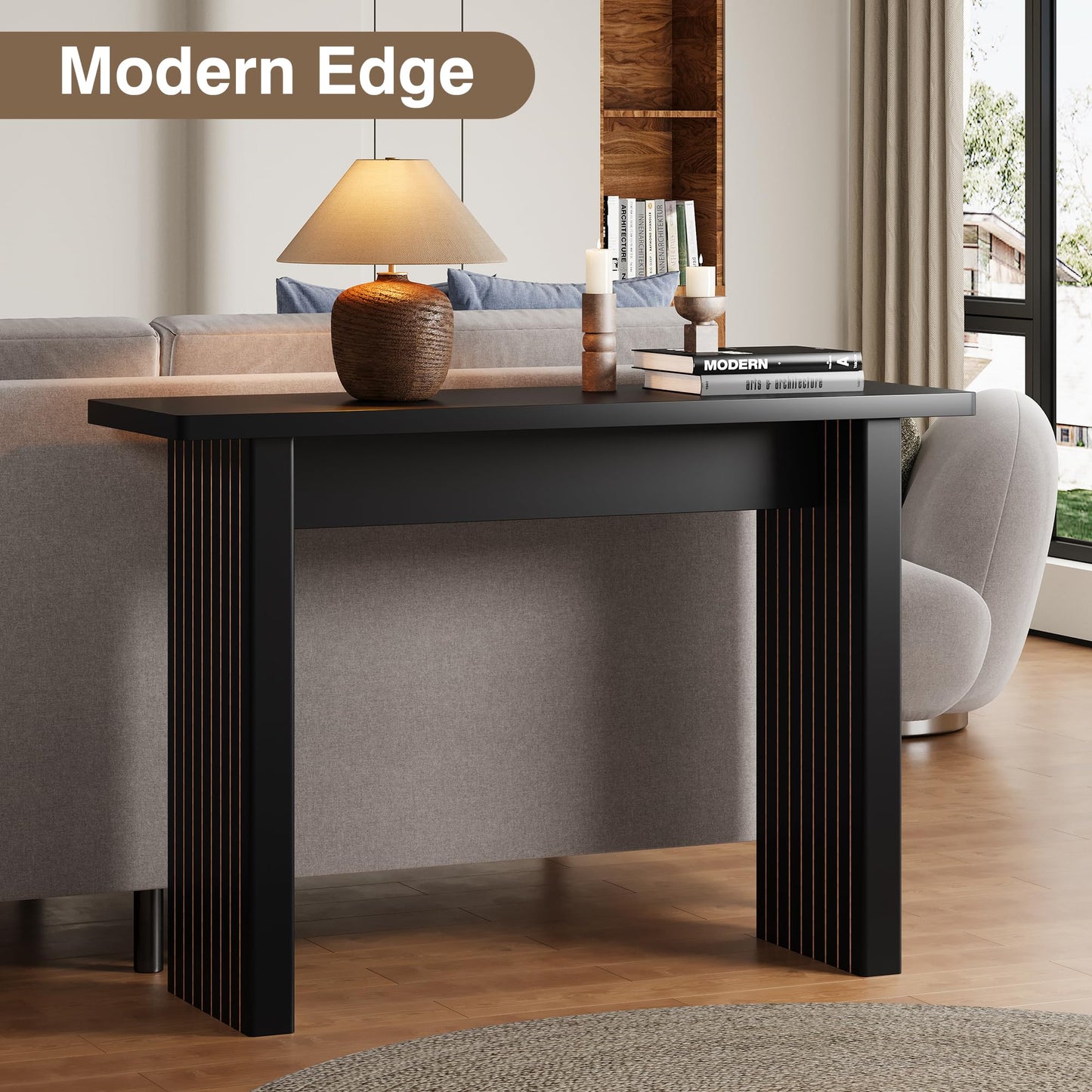 RUSTYER Fluted Entryway Console Table, Wooden Rectangular Sofa Table for Entrance, Narrow Wood Entryway Small Long Entry Table for Hallway, Living Room (Black)