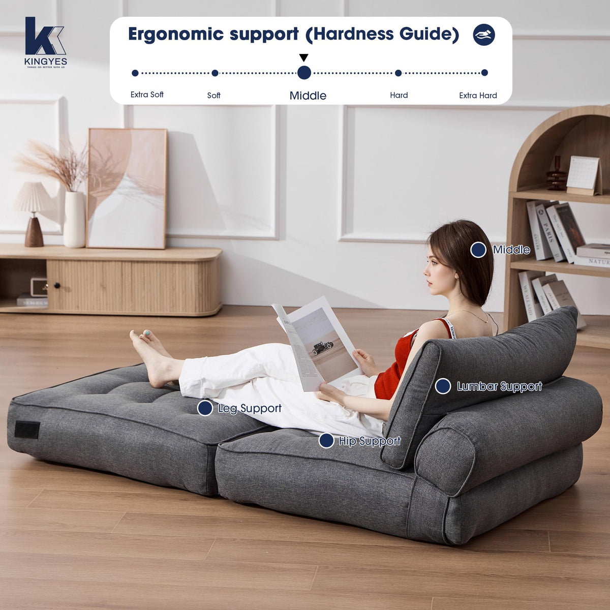 KINGYES Folding Sofa Bed, Convertible Sleeper Chair with Pillow for Adults, Foldable Single Futon Chair Floor Sofa Lounge for Living Room, Grey