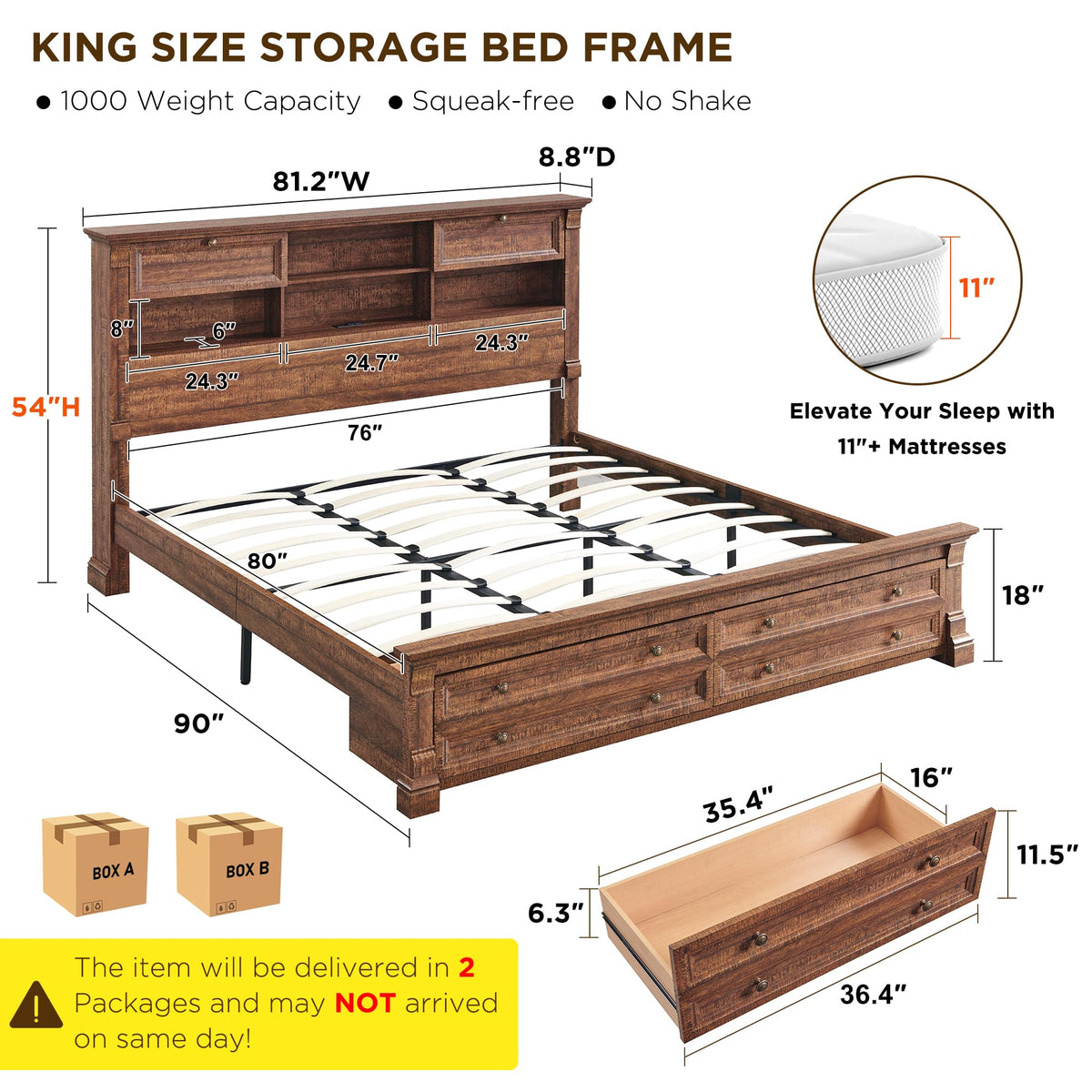 Farmhouse King Size Bed Frame with 54" Tall Headboard, Headboard with 4 Storage Rack, 2 Drawers, Wood Platform Bed Frame,18" Roman Column Decoration Footboard, No Box Spring Needed(Reclaimed Barnwood)