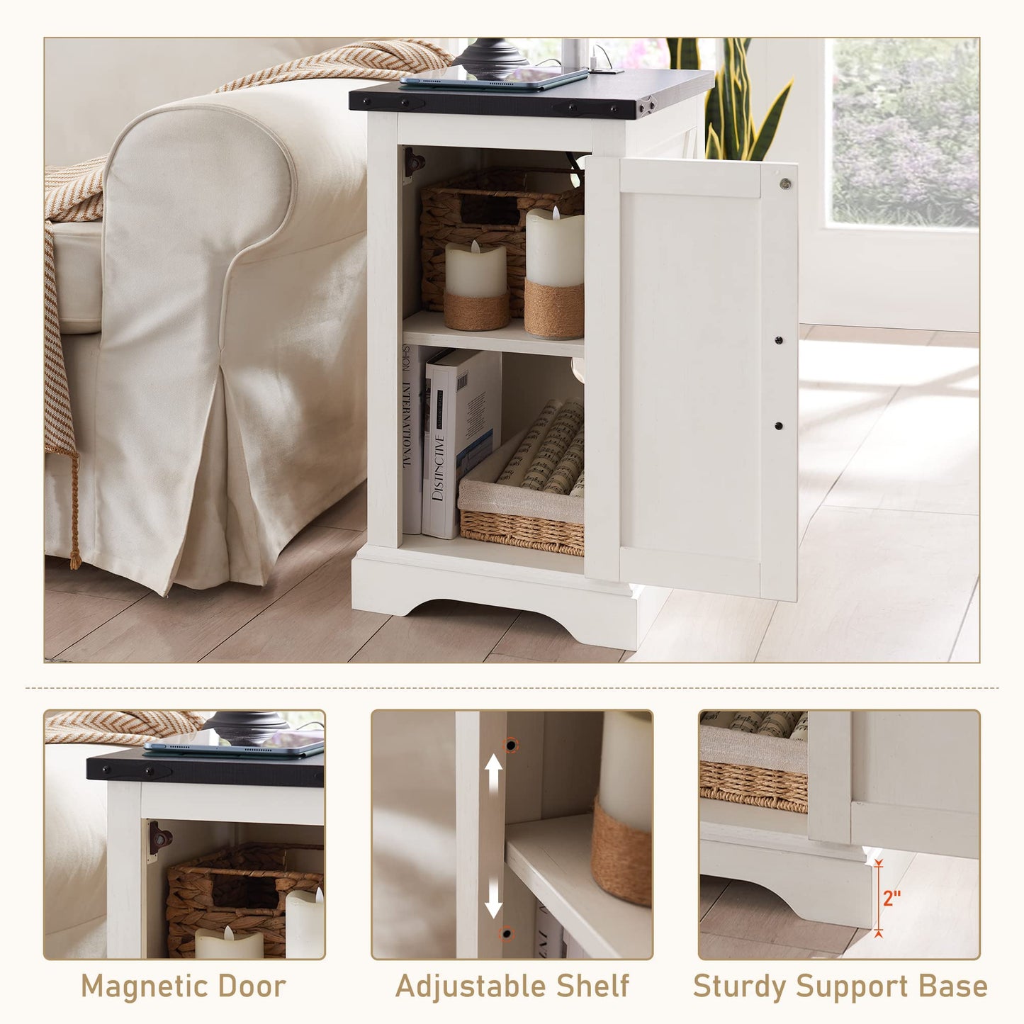 JXQTLINGMU Farmhouse Nightstand Set of 2 with Charging Station, 17" D Rectangular End Table with Barn Door & Adjustable Storage Shelf, Wood Rustic Sofa Side Table for Living Room, Bedroom, White