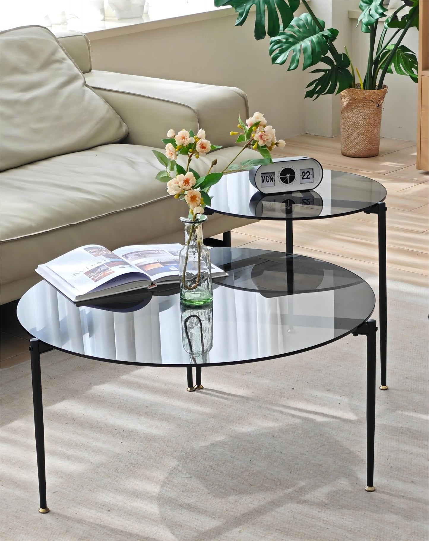 Artloge Round Tempered Glass Table: 31.5 inch Large Circle Top Storage Shelf with Metal Frame, Modern Coffee Table Center Desk Luxury Furniture for Living Room, Grey