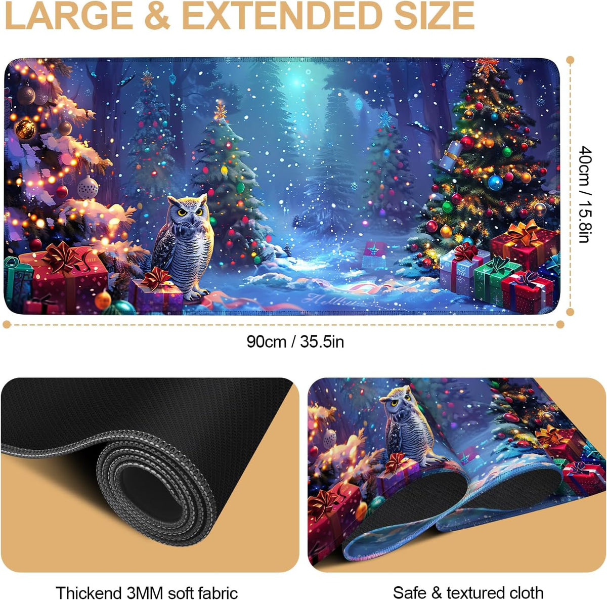 Large Mouse Pad 35.5 x 15.8 Inch, Christmas Owl Desk Mat, Extended Gaming Mouse Pad with Non-Slip Rubber Base, Thick 3mm Smooth Surface Keyboard Mat for Office & Home,35.43 x 15.75 in