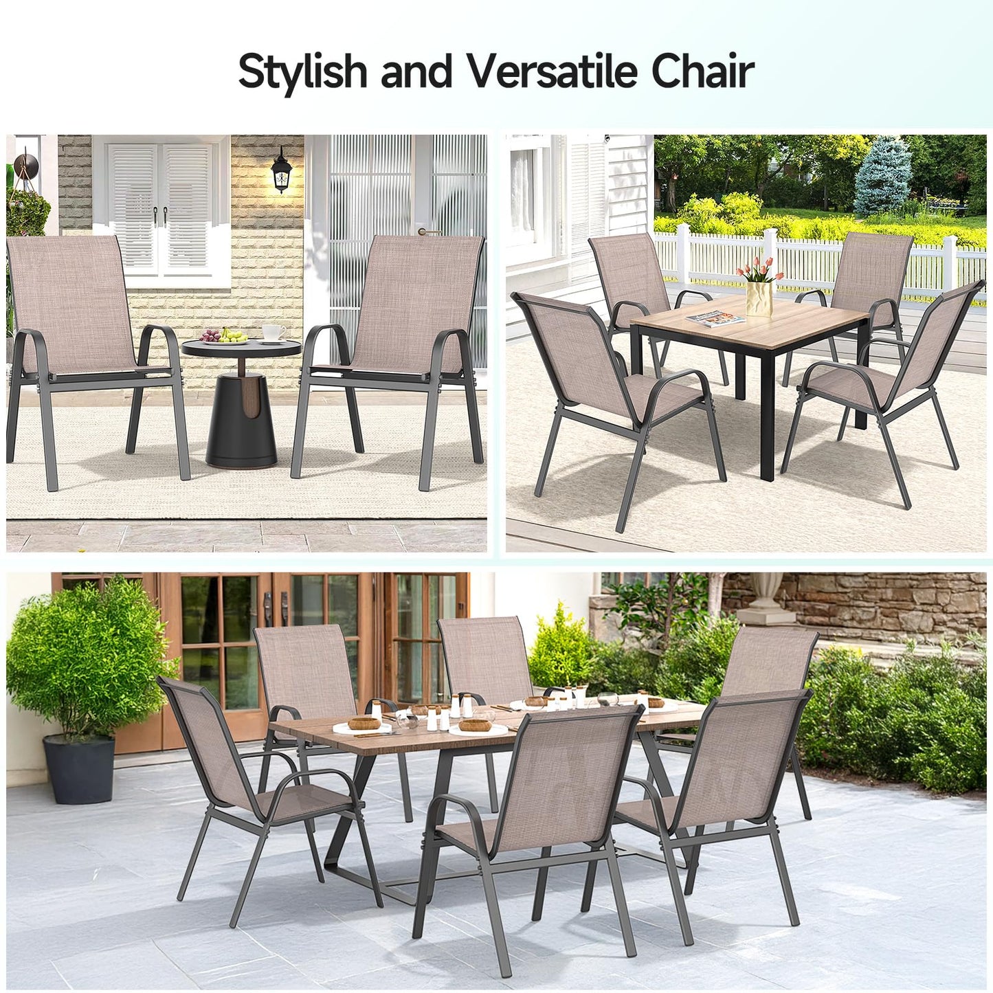Dovov Patio Chairs Set of 4, Easily Set Up Stackable Outdoor Dining Chairs with High Back and Wide Seat, All Weather Breathable Outdoor Chairs Set of 4 with Metal Frame for Backyard Deck Pool, Brown