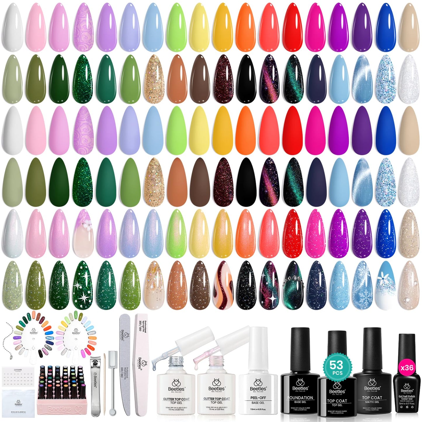 Beetles Spring Gel Nail Polish Set, 53pcs Gel Polish Kit, 36 Colors Green Red Orange Glitter Pastel Neon Cat Eye Uv Gel Polish, All Season Travel Diary Manicure Tools Gift for Women