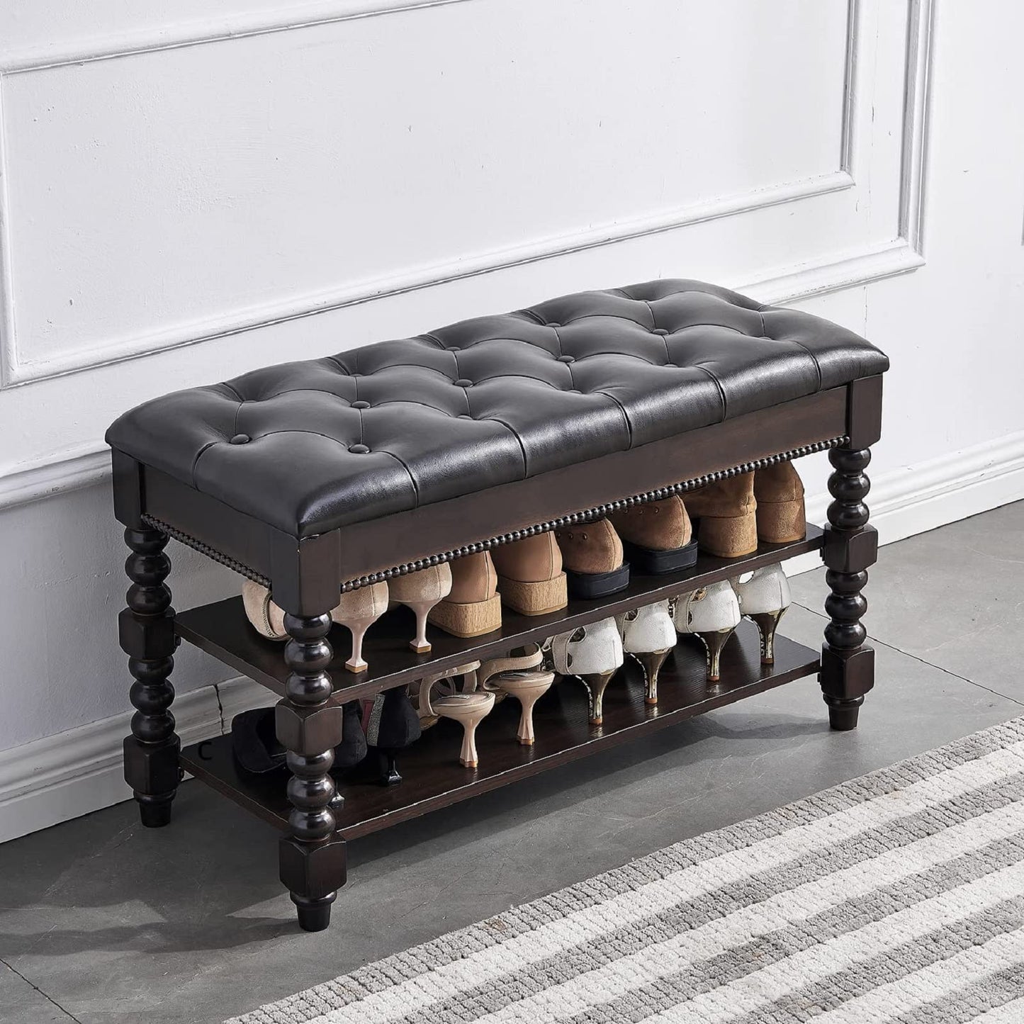 LEILISI Shoe Bench, Wood Storage Bench with Cushion Seat, Shoe Rack with Hidden Storage Space for Entryway Living Room Bedroom Hallway (Walnut, 31.5'')