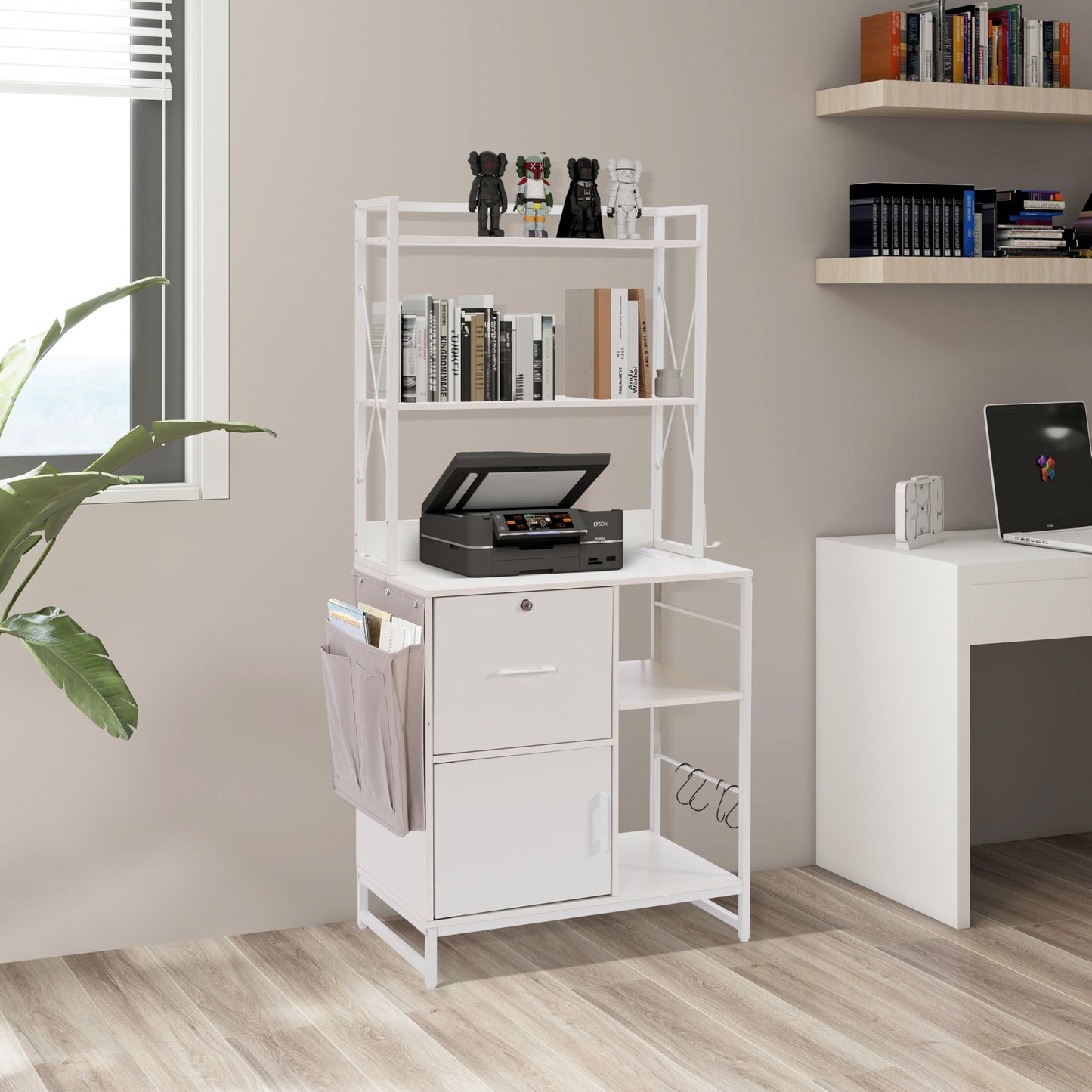 Zethvax Vertical File Cabinet,Filing Cabinet with Shelves,Charging Station,Hanging Pouch and Hooks,Vertical Filing Cabinet Fits Letter/A4/Legal Size (White)