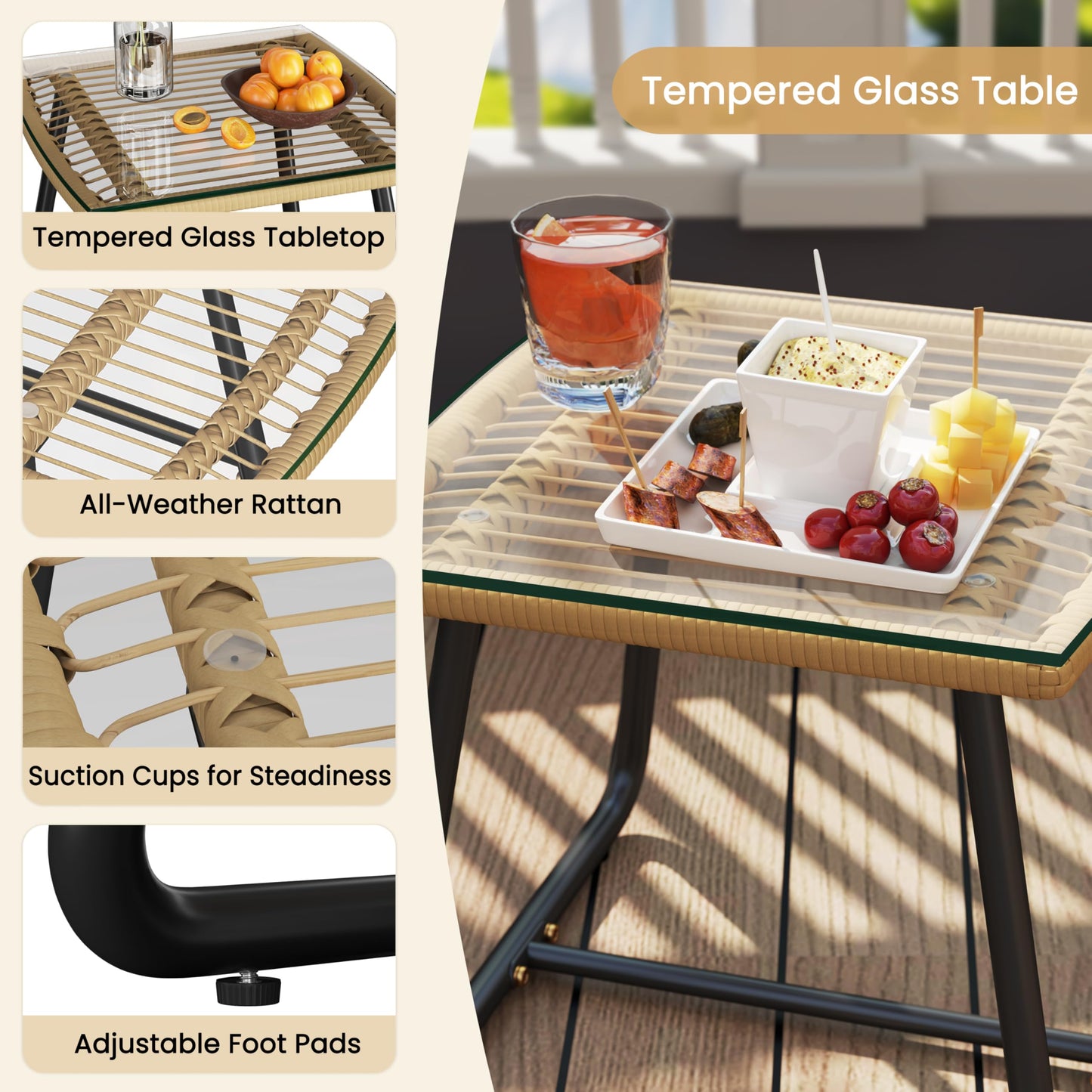 Yaheetech 3 Piece Patio Bistro Set Outdoor Wicker Bistro Furniture Sets, 2 Rattan Chairs and Glass Top Table for Patio, Balcony, Porch, Poolside, Backyard - Tan/Cream