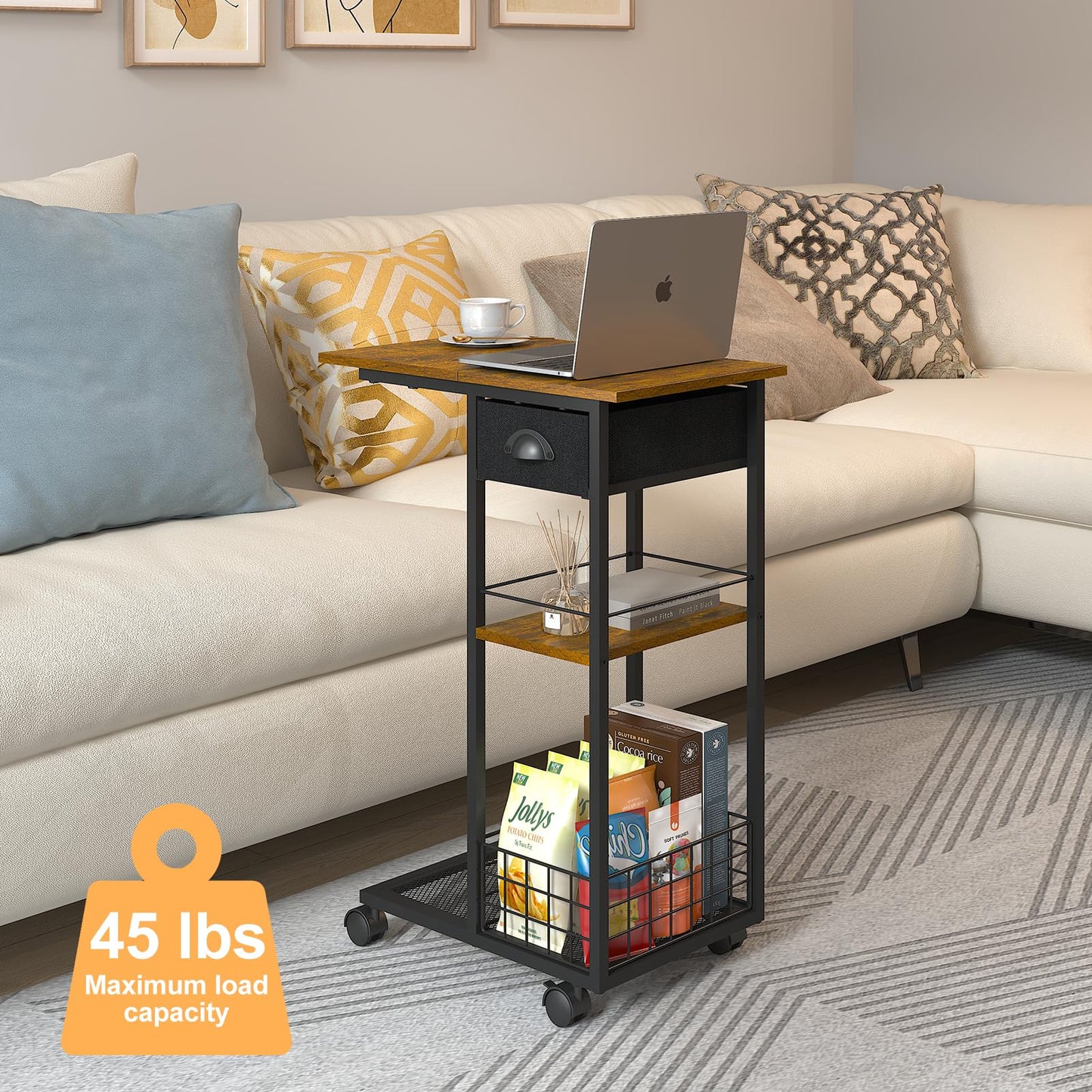 C Shaped End Table, Vintage Side Table with Drawer, Sofa Table with Wheels & Storage Basket for Living Room, Bedroom, Bedside, Rustic Brown and Black