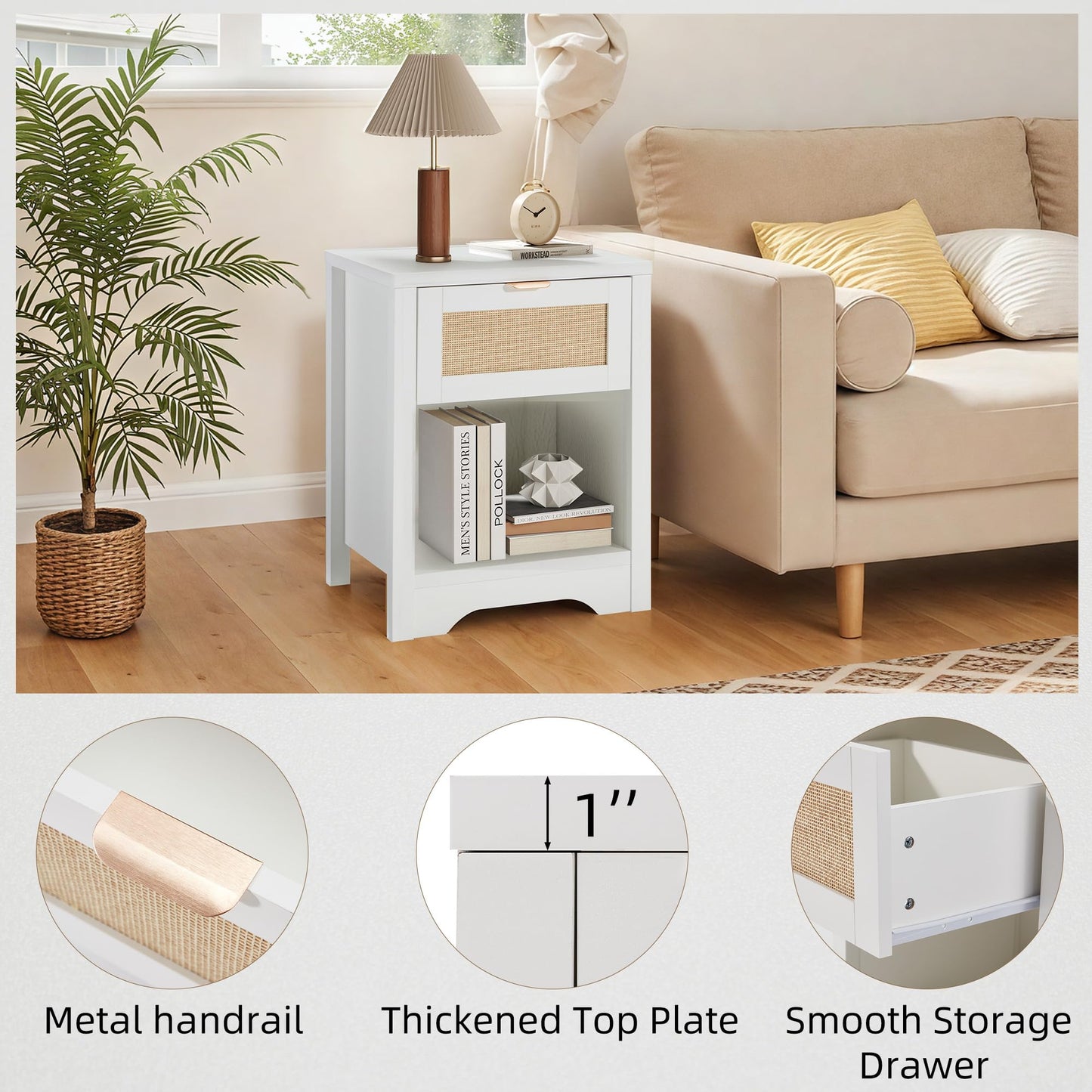 HOMREST Night Stand Set of 2,Modern Farmhouse Nightstands with Drawer & Open Storage Shelf, Wood Rattan Bedside Table with Metal Handle & Sturdy FrameTable for Bedroom, Living Room （White）