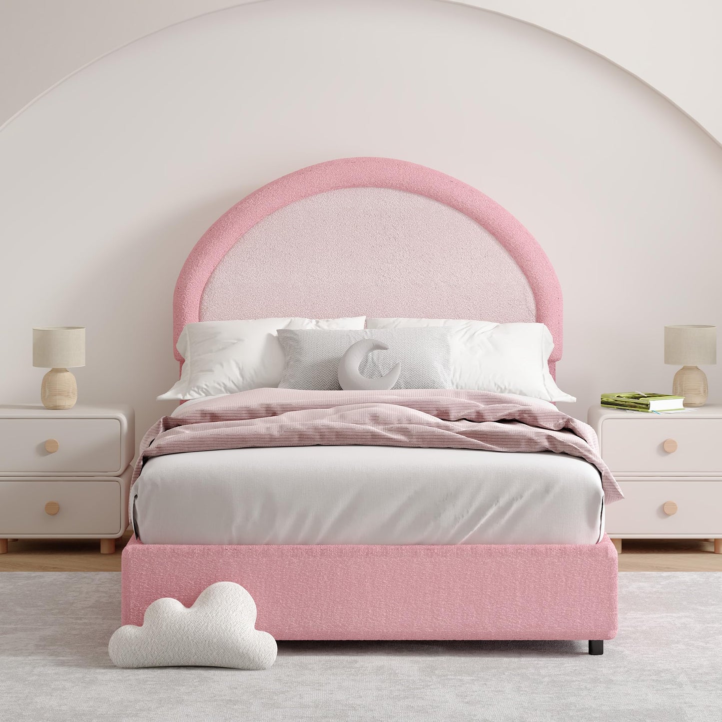 Twin Boucle Bed Frame, Boucle Upholstered Platform Bed Twin Size with Headboard, Pink Bed Frame for Girls Kids, Low Profile Bed, Rounded Corners, No Box Spring Needed, Dark Pink and Light Pink
