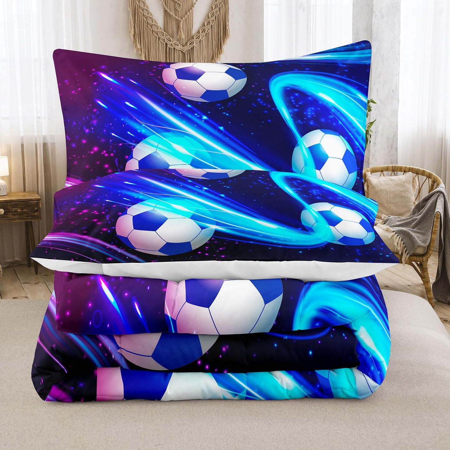 Peopleareok Soccer Comforter Set Twin (68x86 Inch), Purple Blue Soccer Theme Comforter, Sports Football Bedding, 2 Pieces Soft Microfiber Football Bedding Set for Boys Kids with 1 Pillowcases