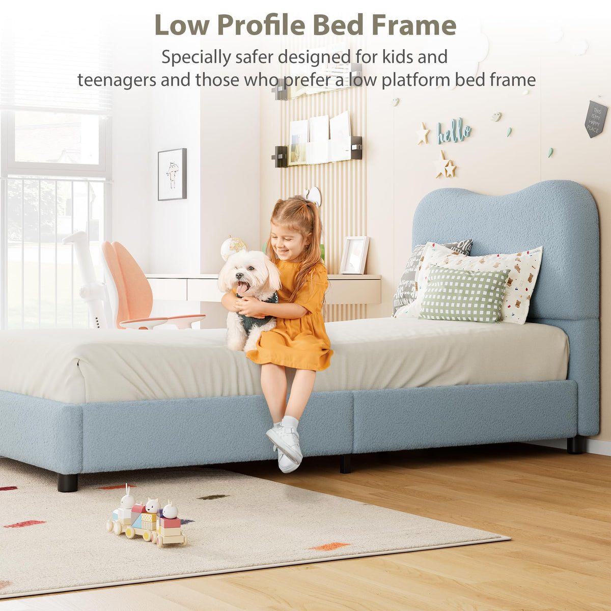 Senfot Blue Twin Kids Bed Frame with Upholstered Headboard, Low Profile Sturdy Platform Bed with Soft Boucle Fabric for Girls and Boys, Heavy Duty, Wooden Slats, Noise Free, No Box Spring Needed