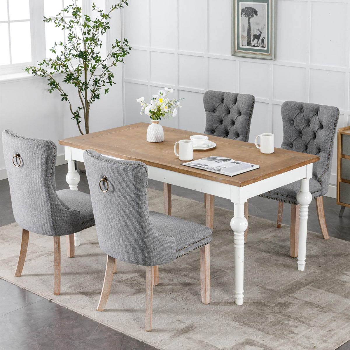 LKTART Upholstered Dining Chairs Set of 4 with Button Tufted, Linen Chair with Solid Wood Legs for Dining Room, Living Room, Bedroom, Kitchen Grey