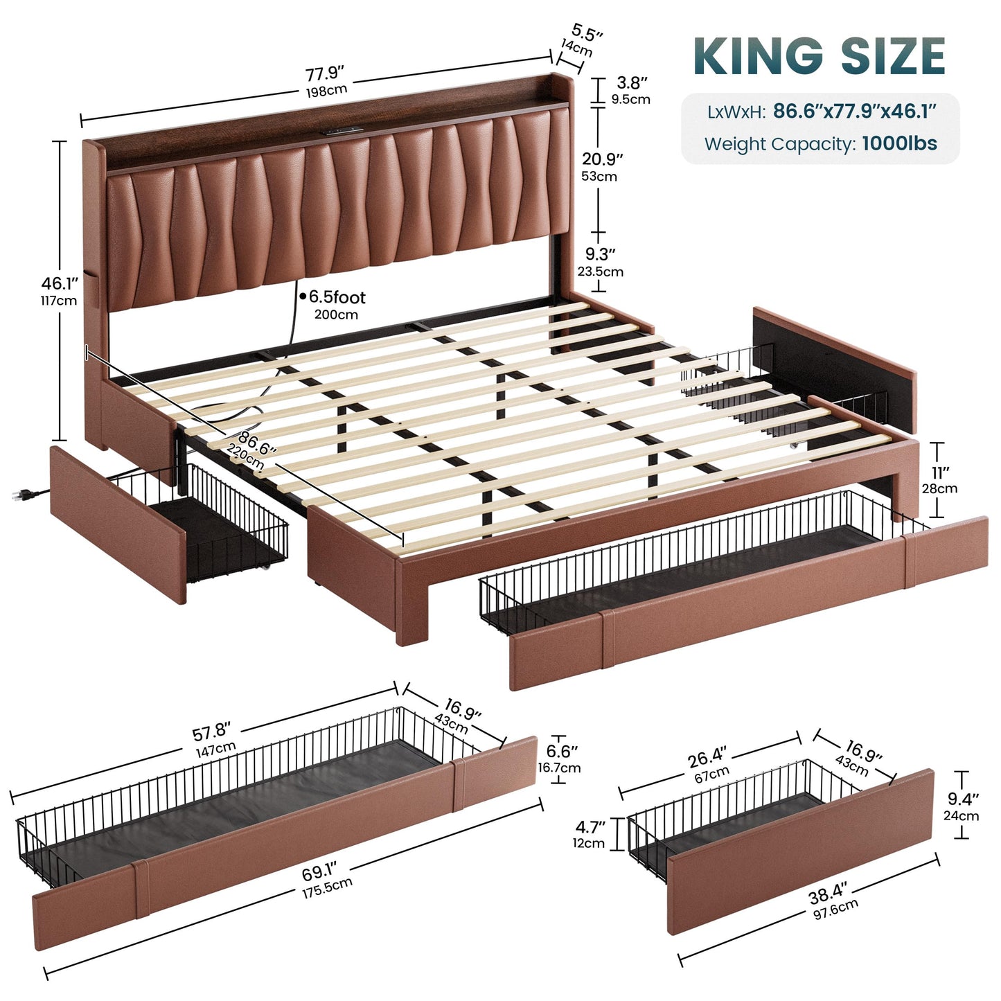 ANCTOR King Bed Frame with 3 Drawers, Storage Headbord with Charging Station, Platform Storage Bed Frame for Bedroom, Living Room, No Box Spring, Faux Leather, Brown