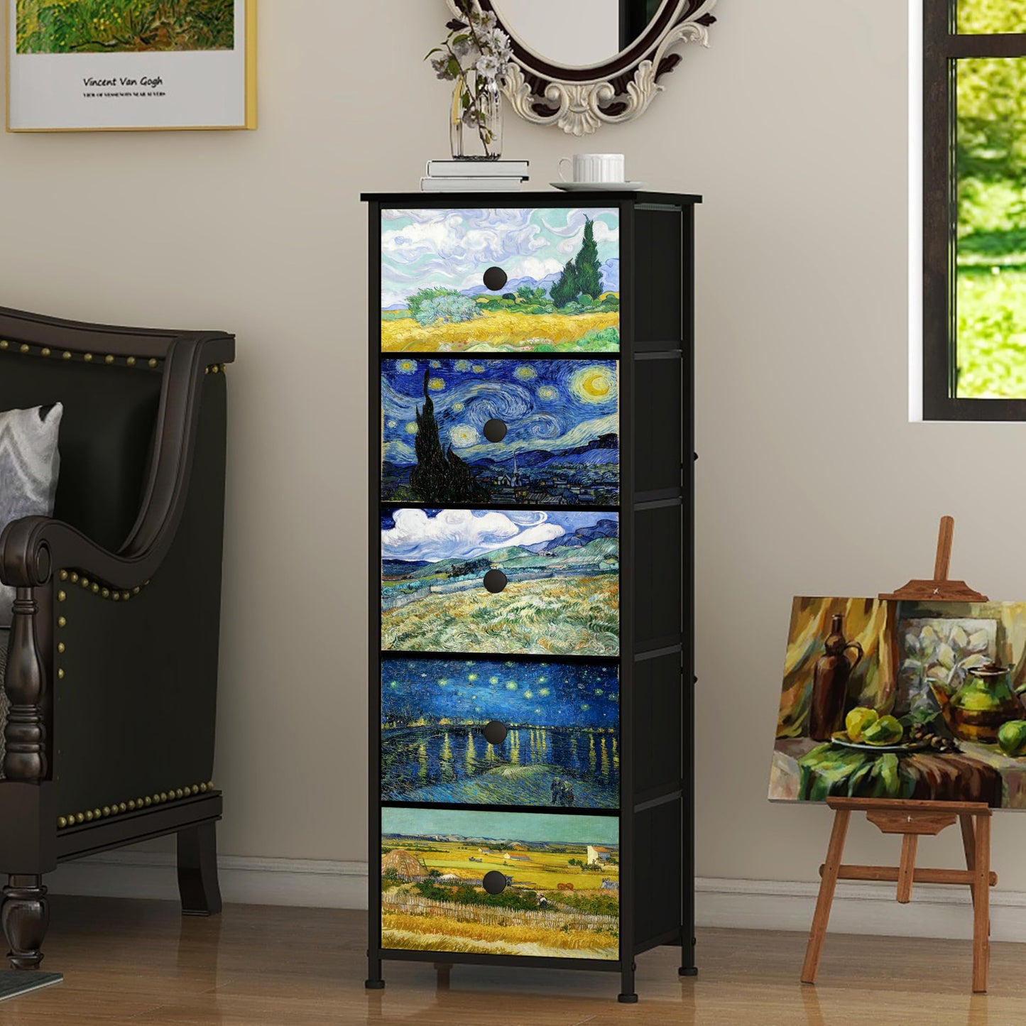 Welfuturer Dresser with 5 Drawers Narrow Tall Nightstand Van Gogh Dresser for Bedroom Fabric Drawer Organizer Unit for Living Room Entryway Hallway Closet Sturdy Steel Frame Wooden Top