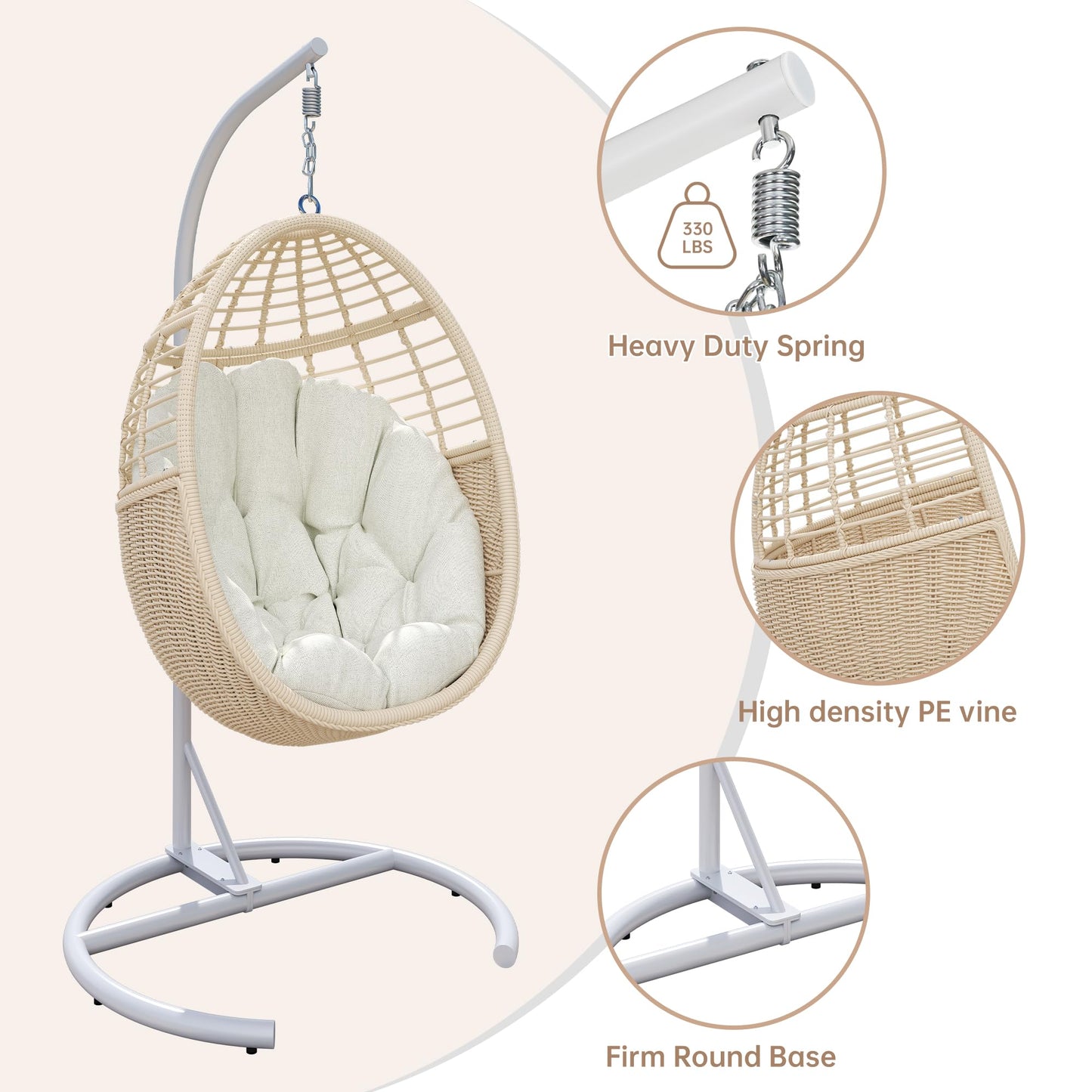 TWT Hanging Egg Chair with Stand, 330lbs Capacity Patio Wicker Egg Swing Chair with UV Resistant Cushion for Bedroom Garden Indoor Outdoor (Beige)