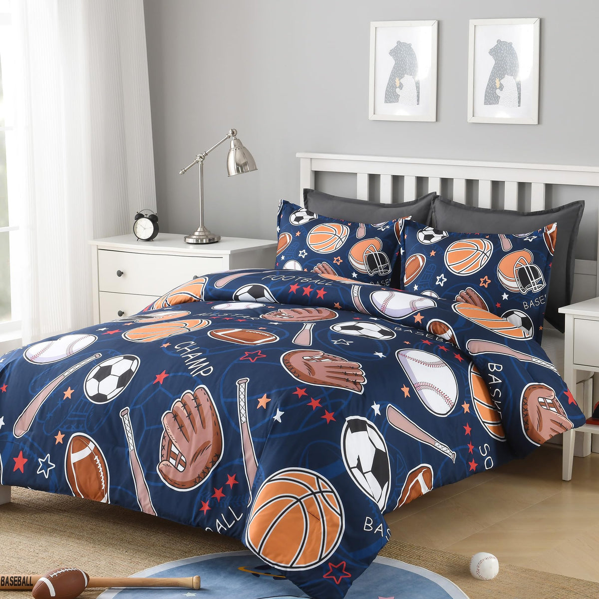 Andency Cartoon Ball Games Comforter Twin(66x90 Inch), 2 Pieces(1 Comforter, 1 Pillowcase) Soccer Basketball Baseball Football Comforter Set Sport Microfiber Bedding Set for Boys Girls Kids Teens