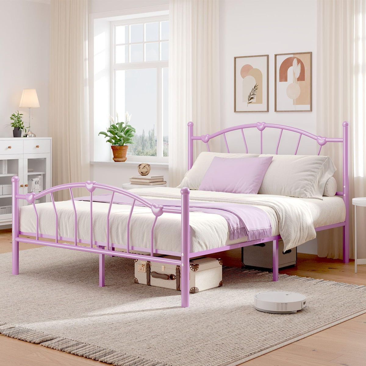 Full Size Metal Platform Bed Frame, Full Bed Frame with Heart-Shaped Decorative Headboard and Footboard, Heavy Duty Metal Slat Support, No Box Spring Needed, Noise-Free, Easy Assembly, Purple