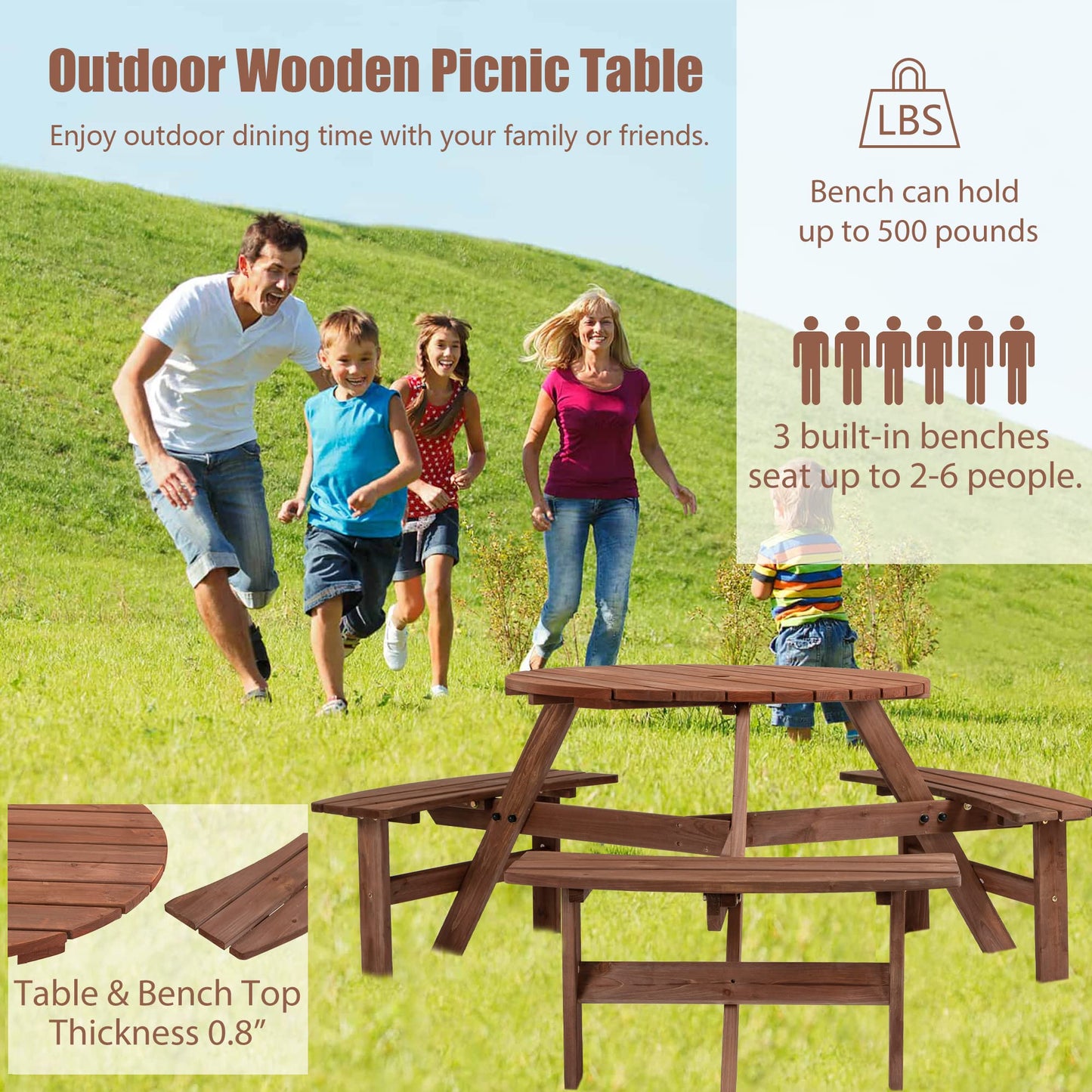 SSLine 6-Person Solid Wood Picnic Table Outdoor Round Picnic Table and Bench Set with Umbrella Hole Outside Wooden Table and Chairs Set for Patio Backyard Garden Lawn (Dark Brown)