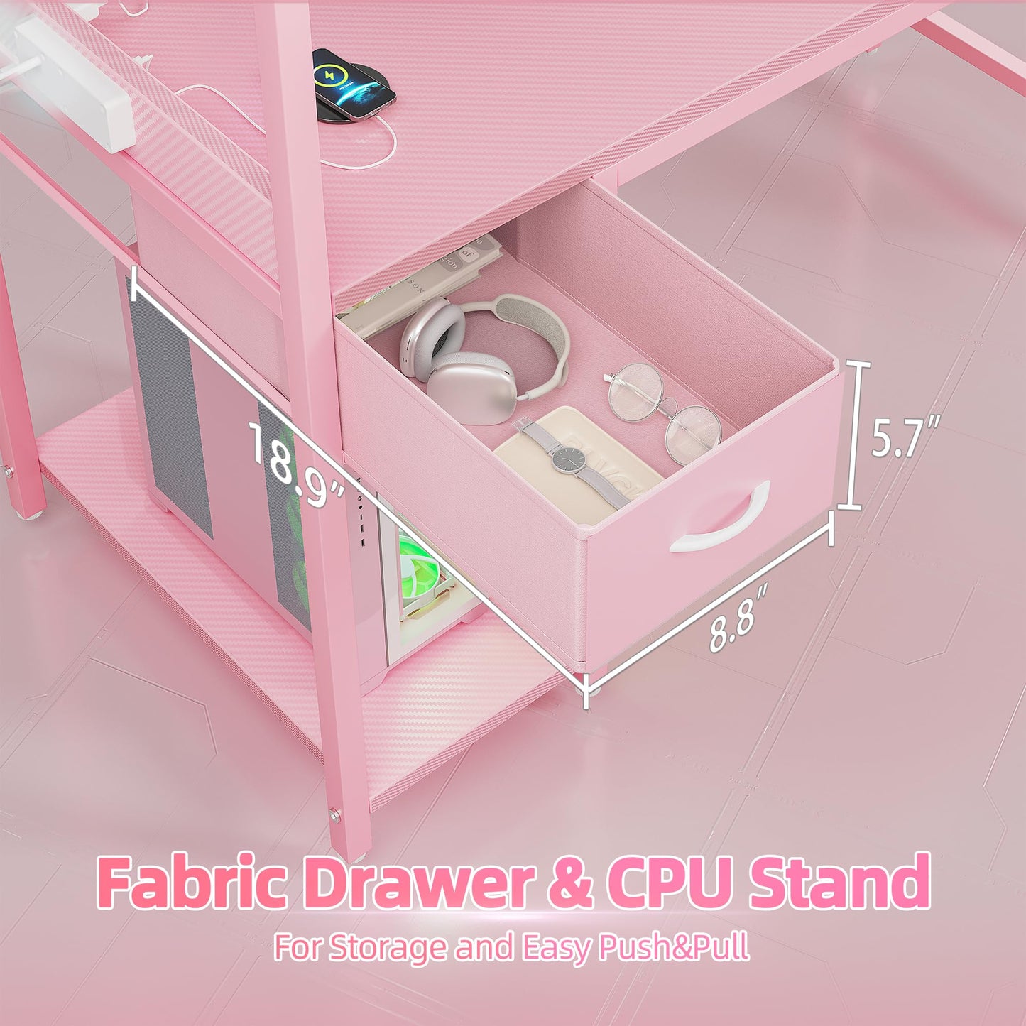 TIQLAB Gaming Desk 40 inch with Power Outlet and LED Light, Computer Desk with Reversible Shelves and Storage Drawer, Small PC Desk for Home Office Table with Bag, Carbon Fiber Pink