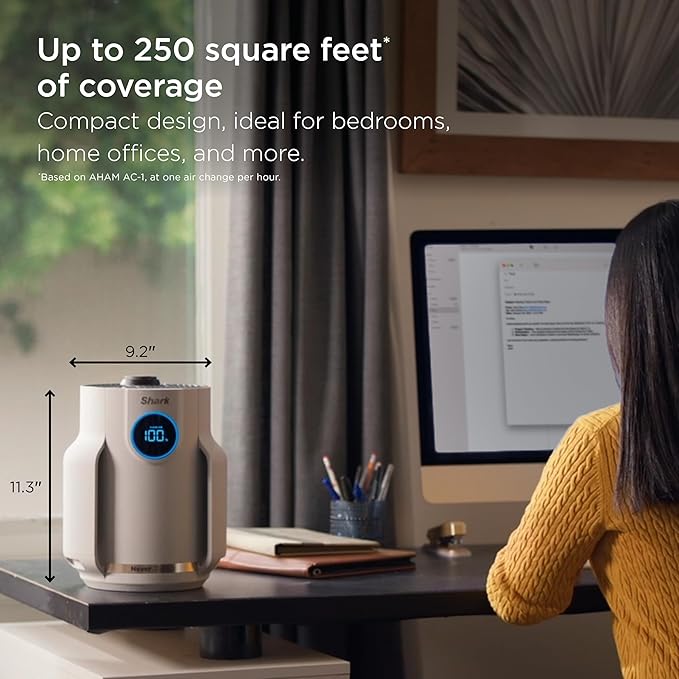 Shark NeverChange Air Purifier Compact Pro with Long-lasting HEPA Exceeding Filtration, Captures Pet Dander, Dust, Smoke, and Allergens, up to 250 sq. ft. for Bedroom, Home Office, Dorm, HP072PK