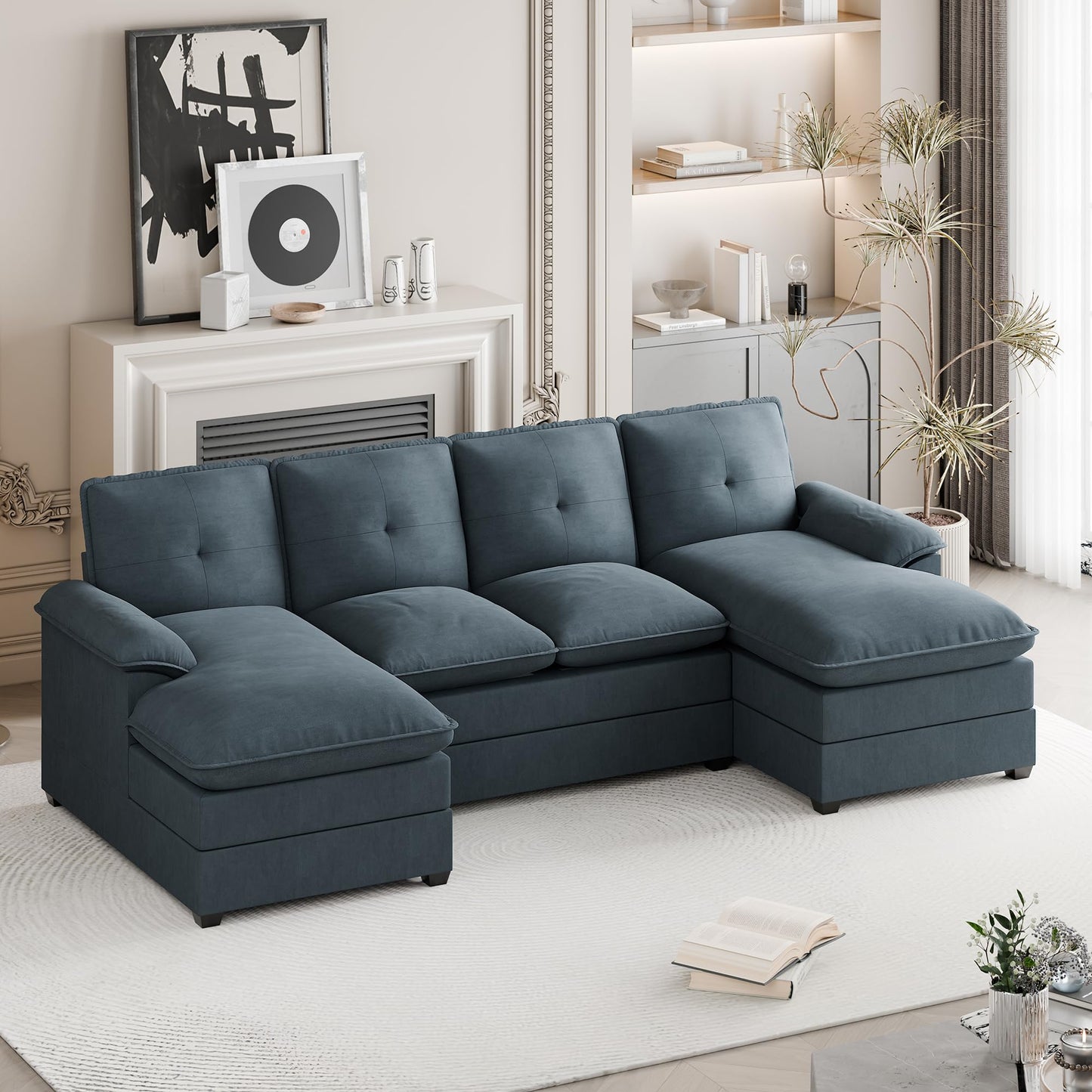 JAMFLY 110" Sectional Couches for Living Room, U-Shaped Couch 4 Seat Sofas with Double Chaises, Modern Modular Sectional Sofa Set for Apartment Furniture for Apartment, Dark Grey