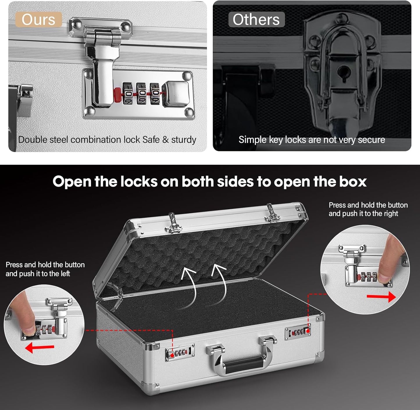 Combination Lock Box - Locking Storage Case with Customizable Foam, 18.9" Portable Lockable Case for Personal Items, Valuables, Documents, Briefcase for Jewelry, Cash, Medications, Silver