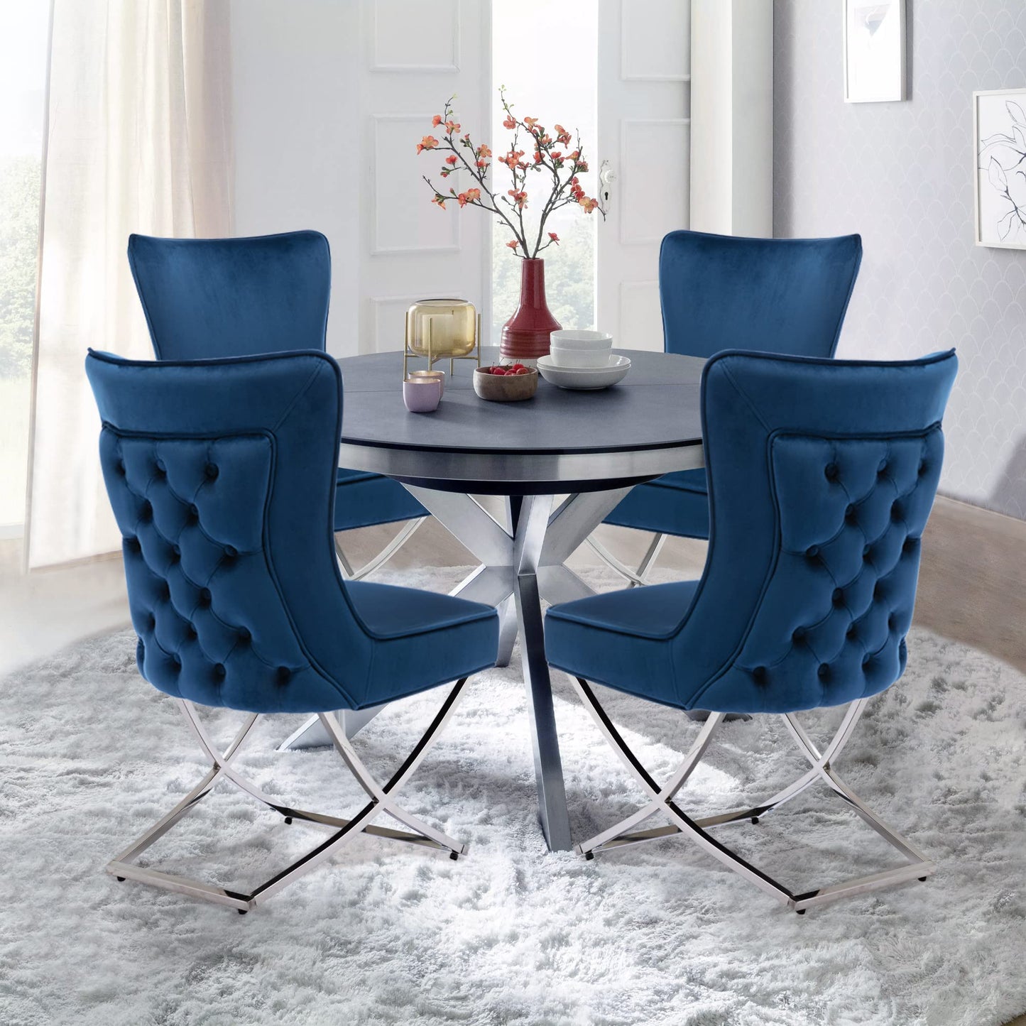 LOULENS Elegance Velvet Dining Chairs Set of 2, Luxurious Upholstered Tufted Dining Room Chairs, Glam Royal Velvet Accent Chairs with Stainless Steel Legs, Dark Blue